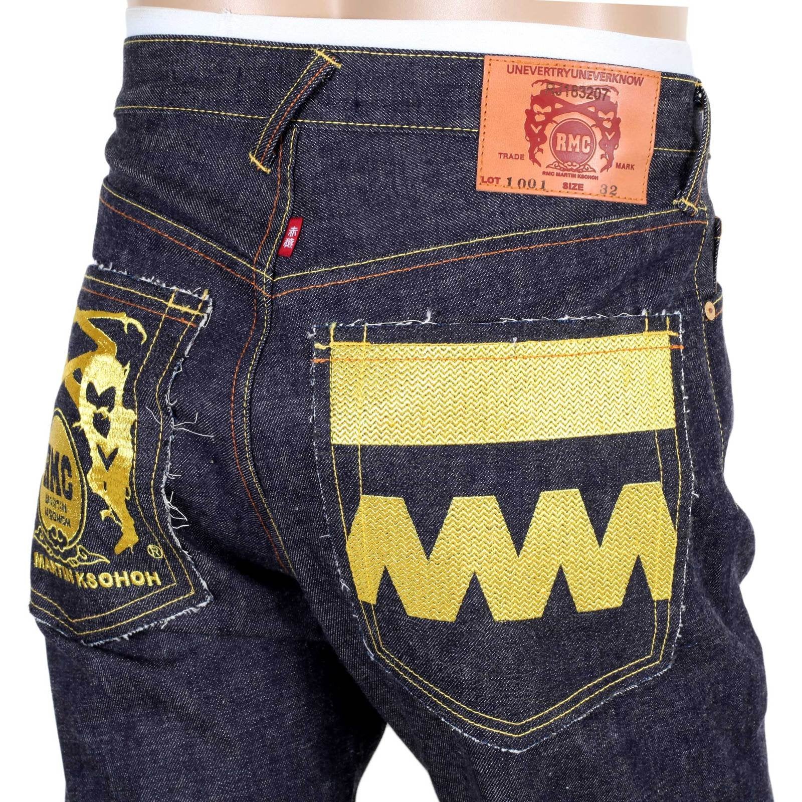 RMC GOLD EMBROIDERED 4A FM UNION VERSION 2 INDIGO RAW MODEL 1001 SLIM SELVEDGE MENS DENIM JEANS RMC1923