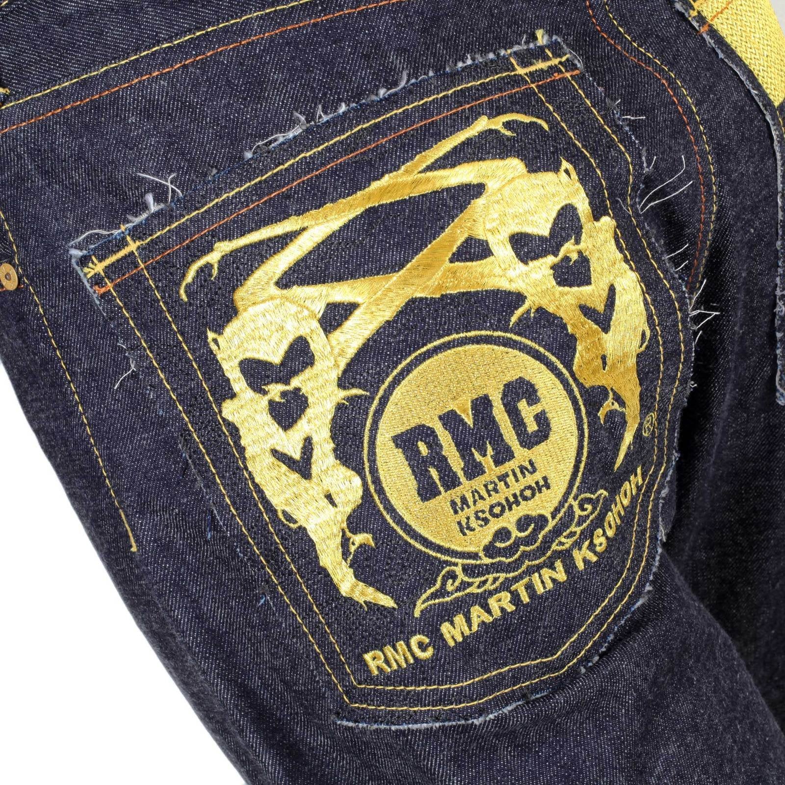 RMC GOLD EMBROIDERED 4A FM UNION VERSION 2 INDIGO RAW MODEL 1001 SLIM SELVEDGE MENS DENIM JEANS RMC1923