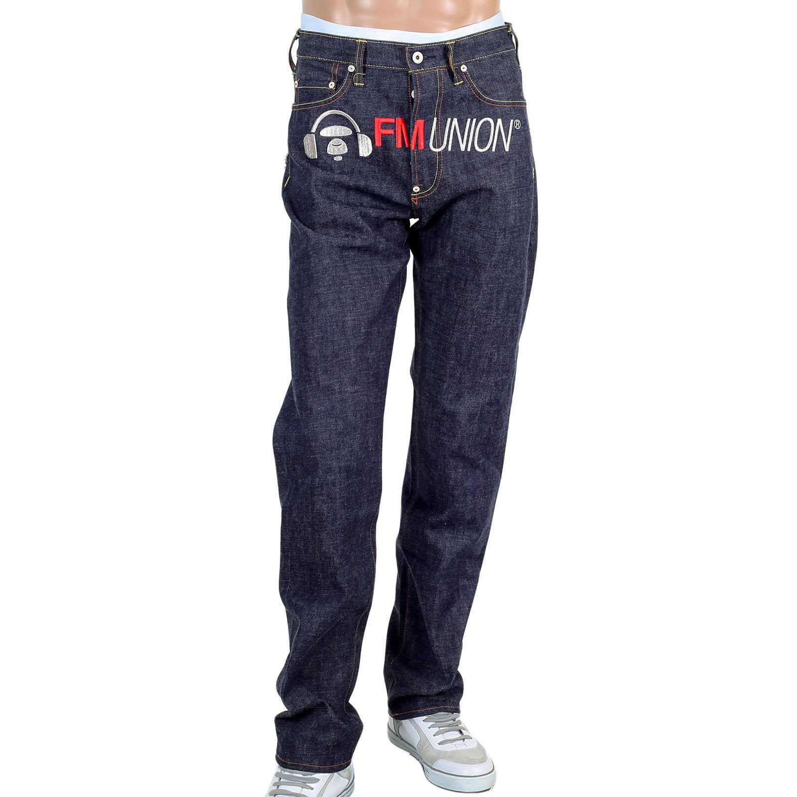 RMC FM UNION INDIGO SLIM 1001 MODEL RAW DENIM JEANS WITH 4A EMBROIDERED ON BACK POCKETS RMC1924