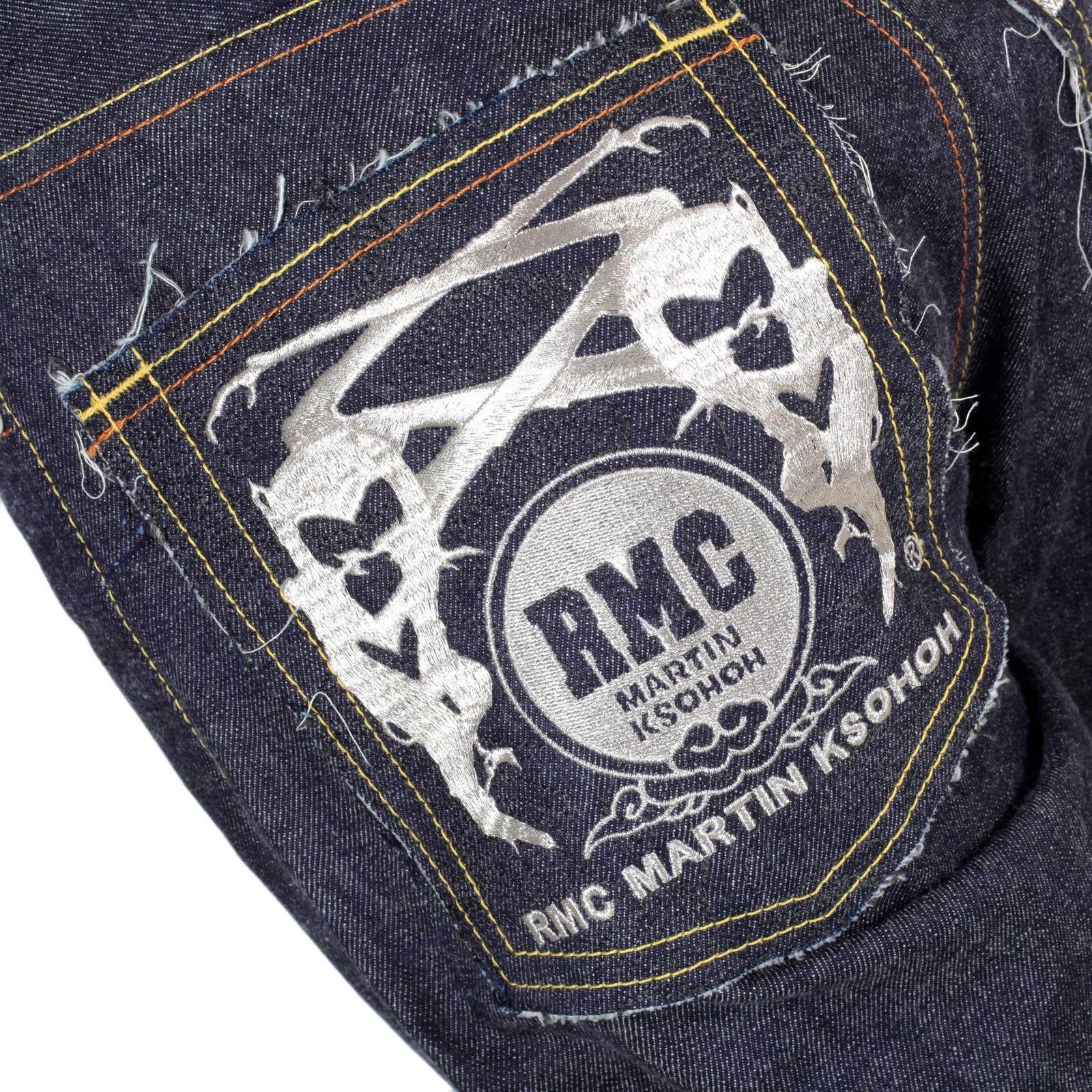 RMC FM UNION INDIGO SLIM 1001 MODEL RAW DENIM JEANS WITH 4A EMBROIDERED ON BACK POCKETS RMC1924