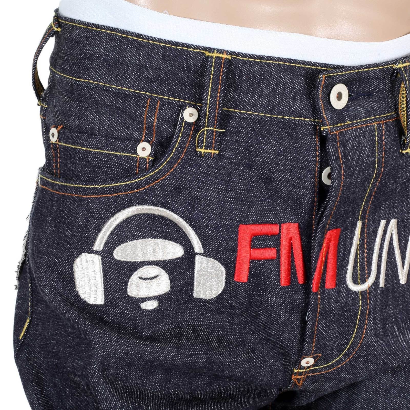 RMC FM UNION INDIGO SLIM 1001 MODEL RAW DENIM JEANS WITH 4A EMBROIDERED ON BACK POCKETS RMC1924