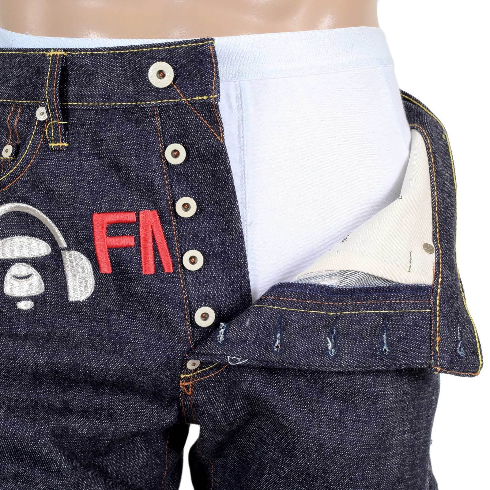 RMC FM UNION INDIGO SLIM 1001 MODEL RAW DENIM JEANS WITH 4A EMBROIDERED ON BACK POCKETS RMC1924