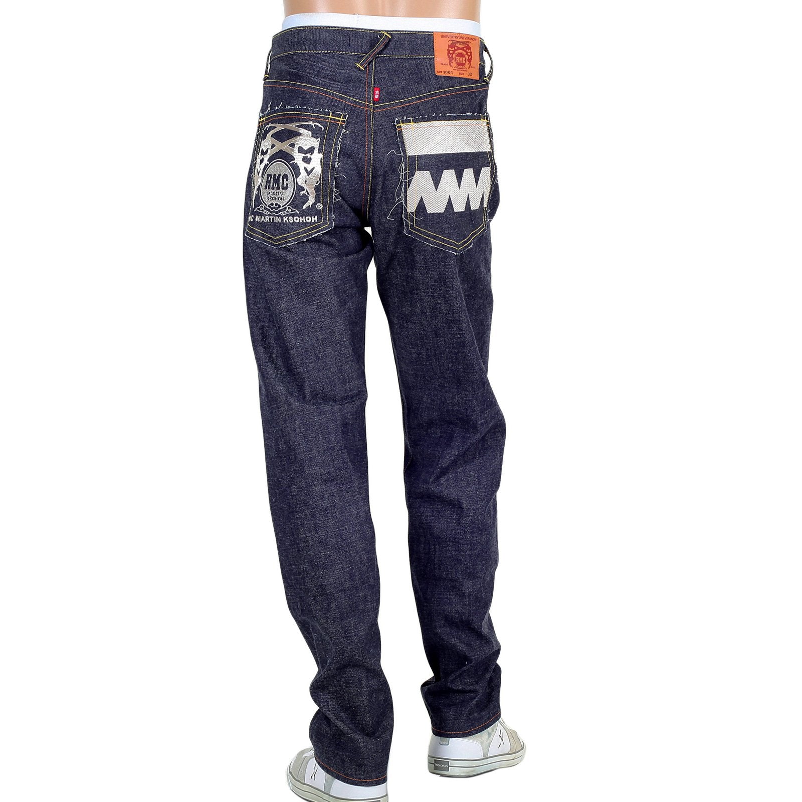 RMC FM UNION INDIGO SLIM 1001 MODEL RAW DENIM JEANS WITH 4A EMBROIDERED ON BACK POCKETS RMC1924