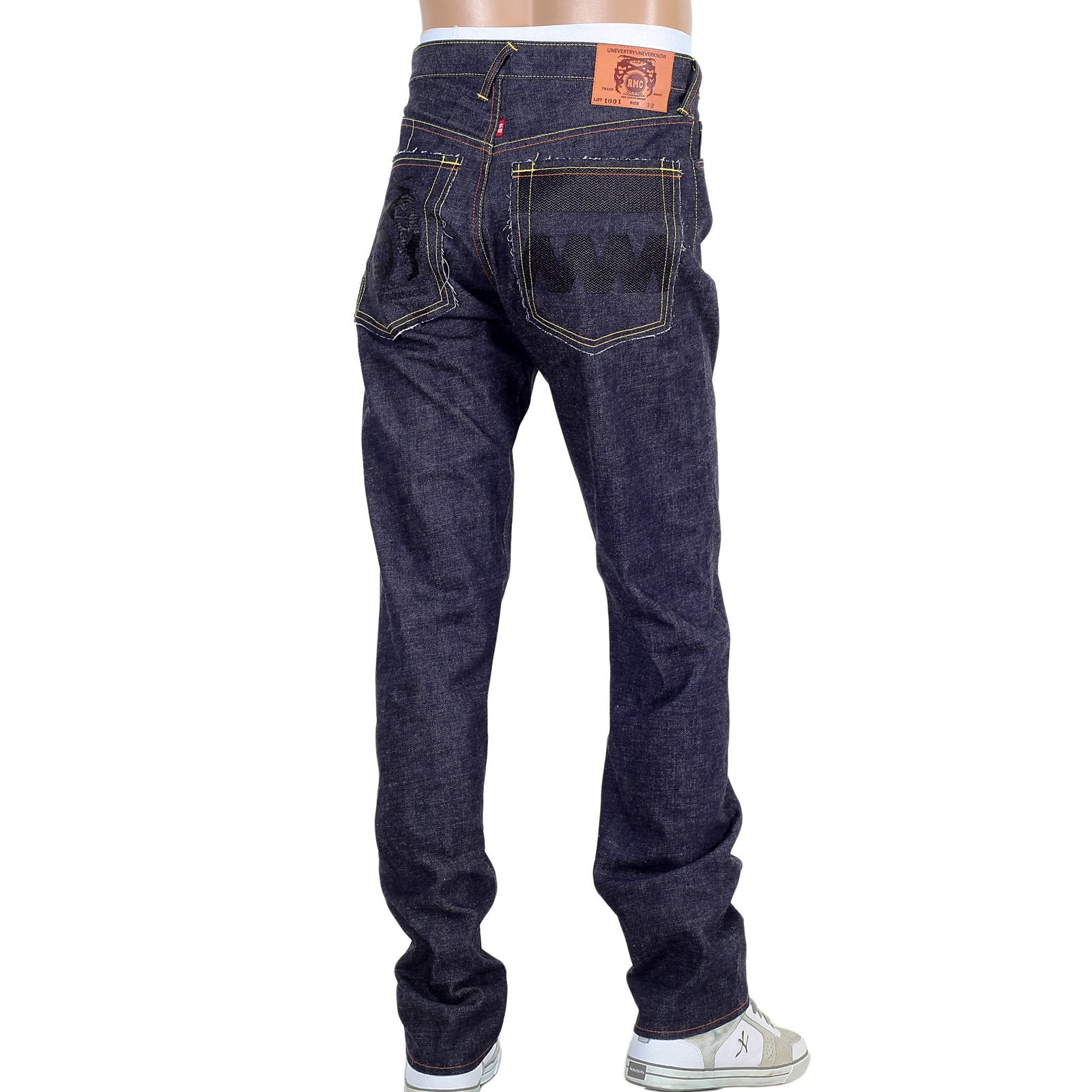 RMC JEANS RAW INDIGO 1001 MODEL BLACK EMBROIDERED 4A FM UNION MENS SELVEDGE DENIM JEANS RMC2190
