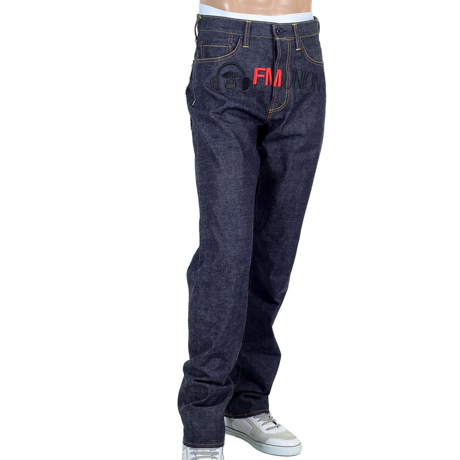 RMC JEANS RAW INDIGO 1001 MODEL BLACK EMBROIDERED 4A FM UNION MENS SELVEDGE DENIM JEANS RMC2190