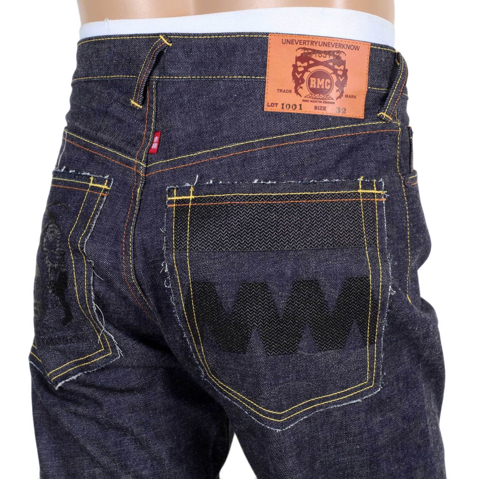 RMC JEANS RAW INDIGO 1001 MODEL BLACK EMBROIDERED 4A FM UNION MENS SELVEDGE DENIM JEANS RMC2190