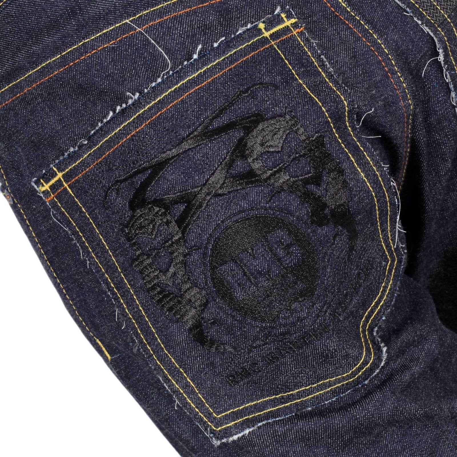 RMC JEANS RAW INDIGO 1001 MODEL BLACK EMBROIDERED 4A FM UNION MENS SELVEDGE DENIM JEANS RMC2190