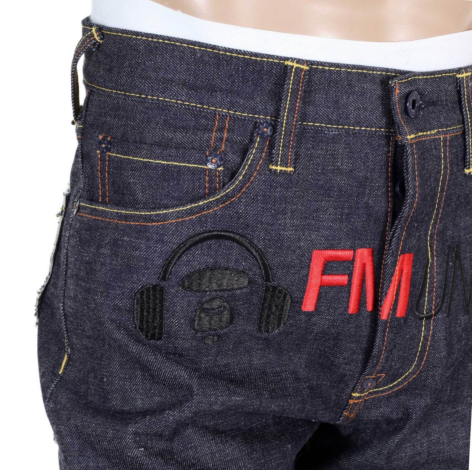 RMC JEANS RAW INDIGO 1001 MODEL BLACK EMBROIDERED 4A FM UNION MENS SELVEDGE DENIM JEANS RMC2190