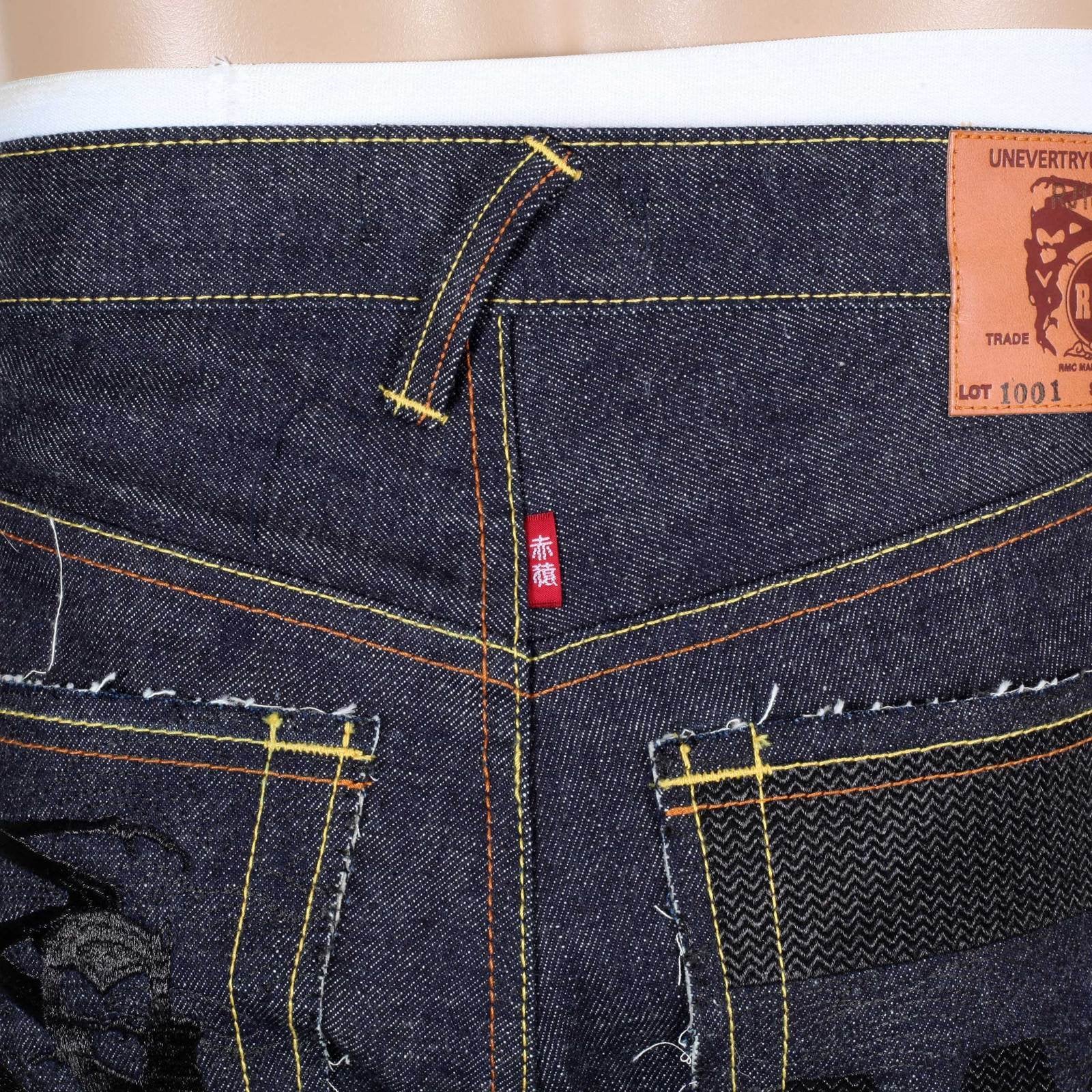 RMC JEANS RAW INDIGO 1001 MODEL BLACK EMBROIDERED 4A FM UNION MENS SELVEDGE DENIM JEANS RMC2190