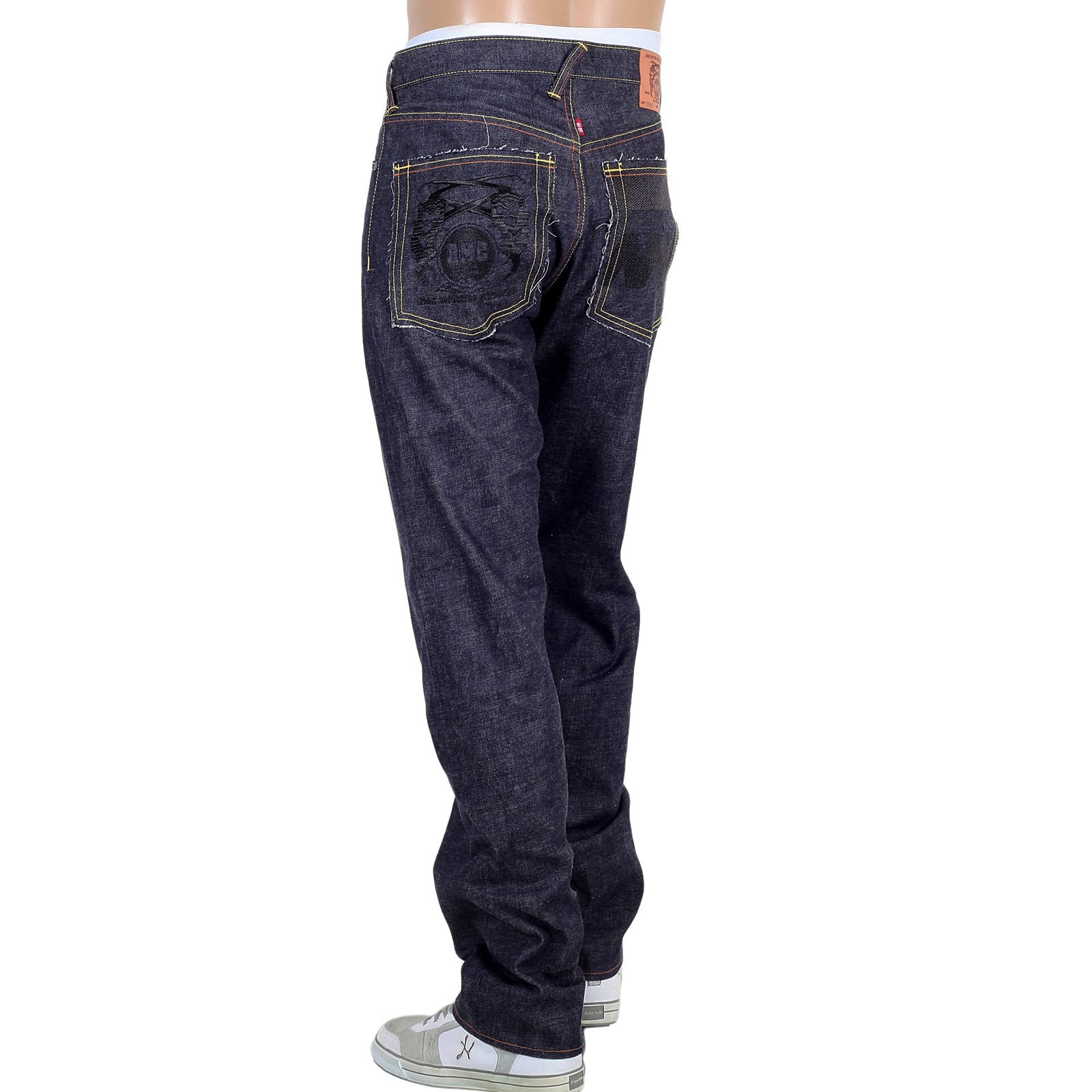 RMC JEANS RAW INDIGO 1001 MODEL BLACK EMBROIDERED 4A FM UNION MENS SELVEDGE DENIM JEANS RMC2190