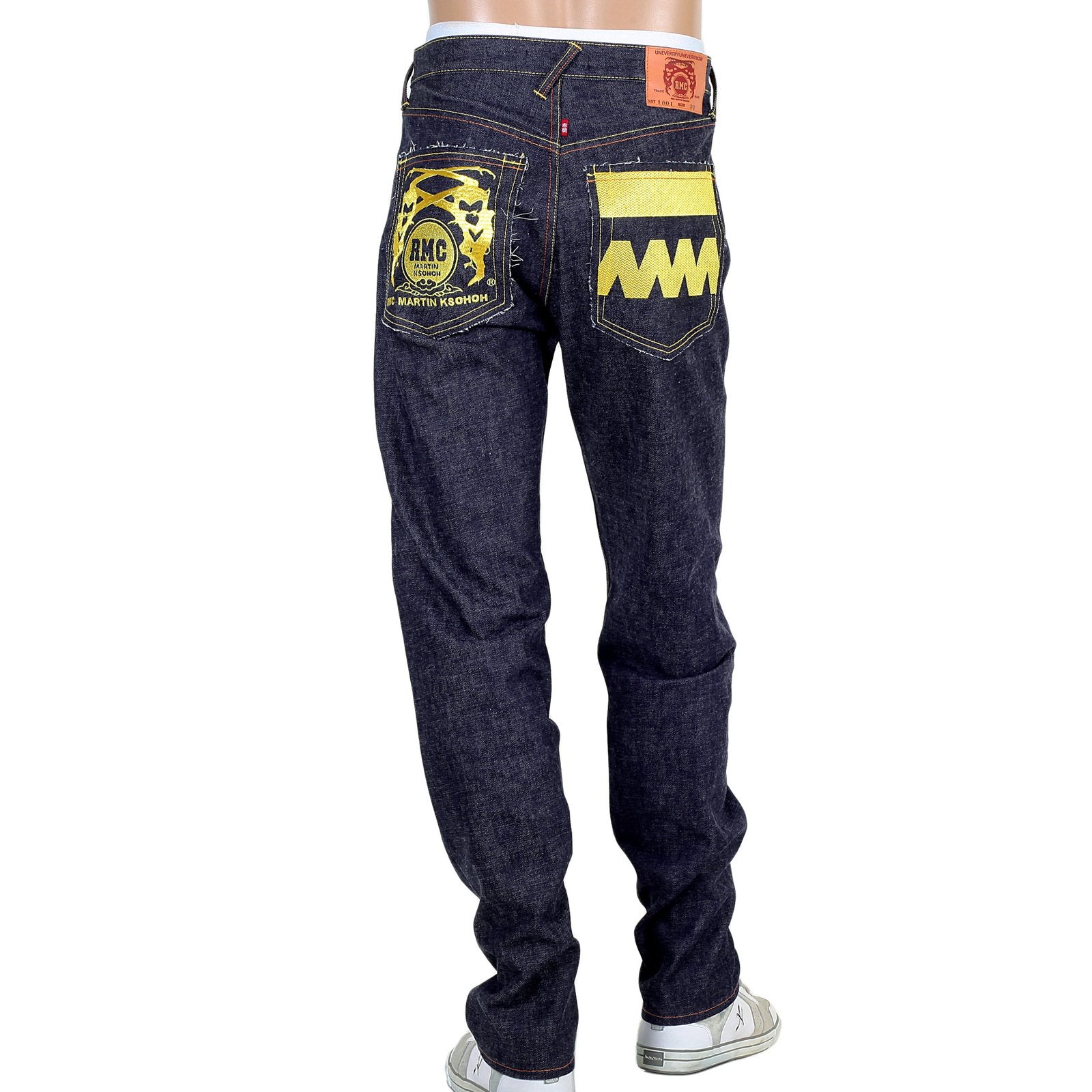 RMC GOLD EMBROIDERED 4A FM UNION VERSION 2 INDIGO RAW MODEL 1001 SLIM SELVEDGE MENS DENIM JEANS RMC1923