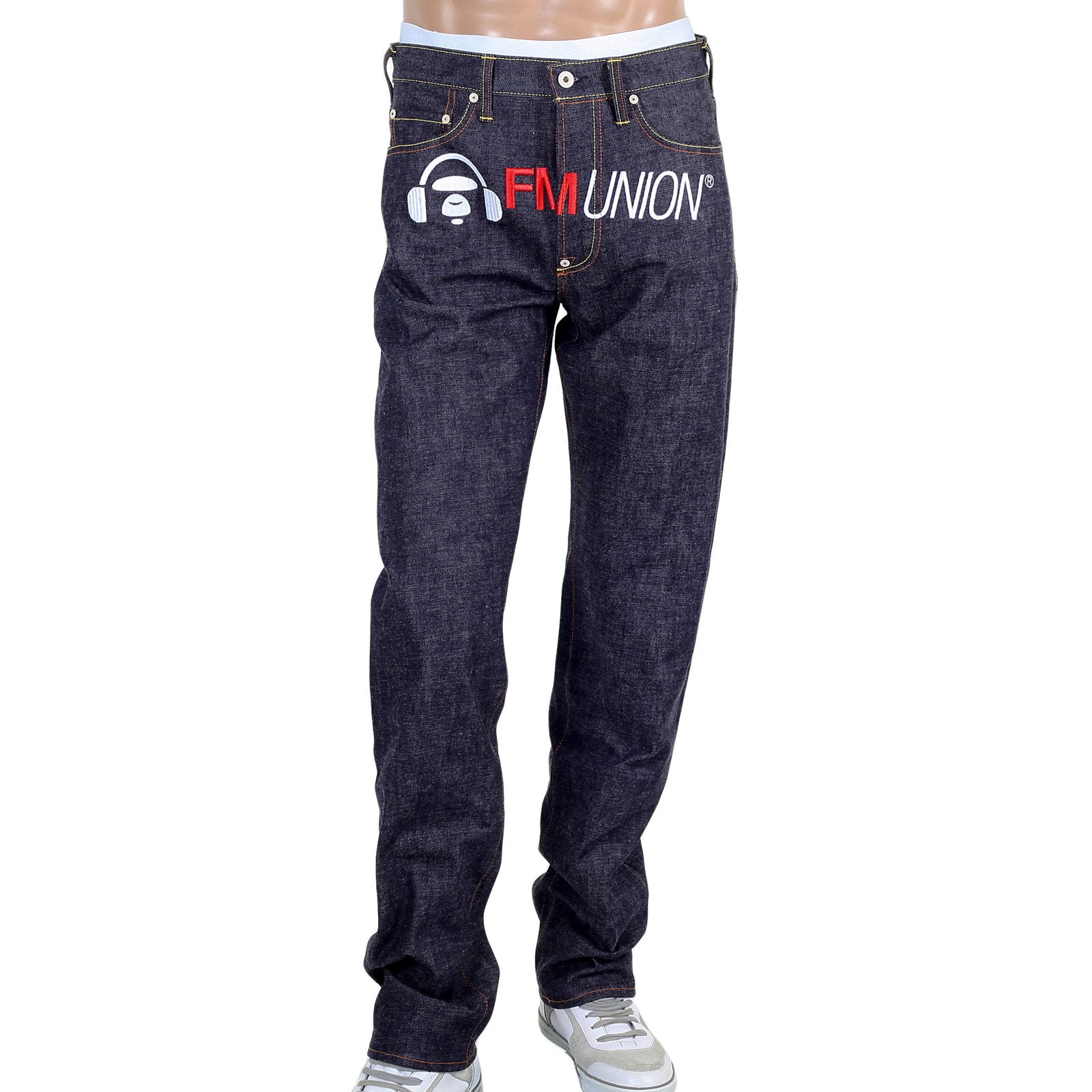RMC FM UNION 1001 MODEL MENS SELVEDGE DENIM JEANS WITH WHITE EMBROIDERY 4A FM UNION RMC1925
