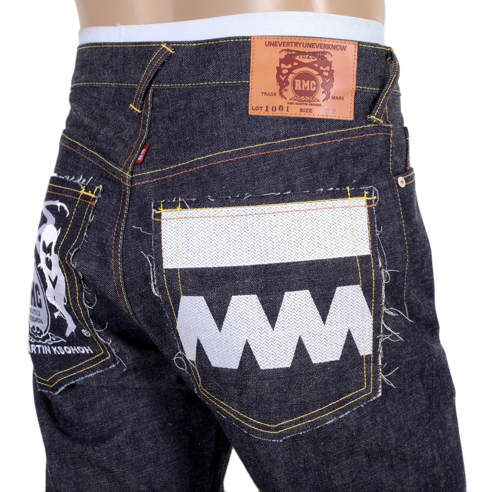 RMC FM UNION 1001 MODEL MENS SELVEDGE DENIM JEANS WITH WHITE EMBROIDERY 4A FM UNION RMC1925