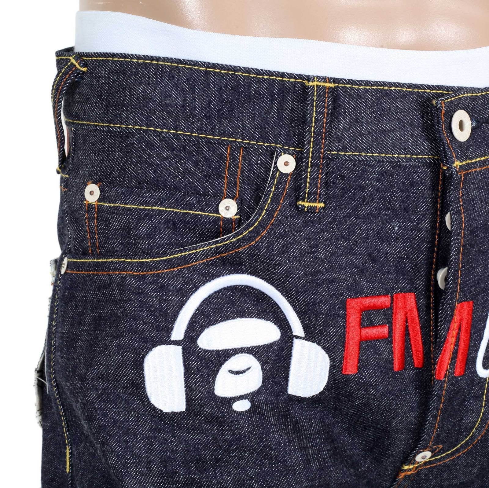 RMC FM UNION 1001 MODEL MENS SELVEDGE DENIM JEANS WITH WHITE EMBROIDERY 4A FM UNION RMC1925