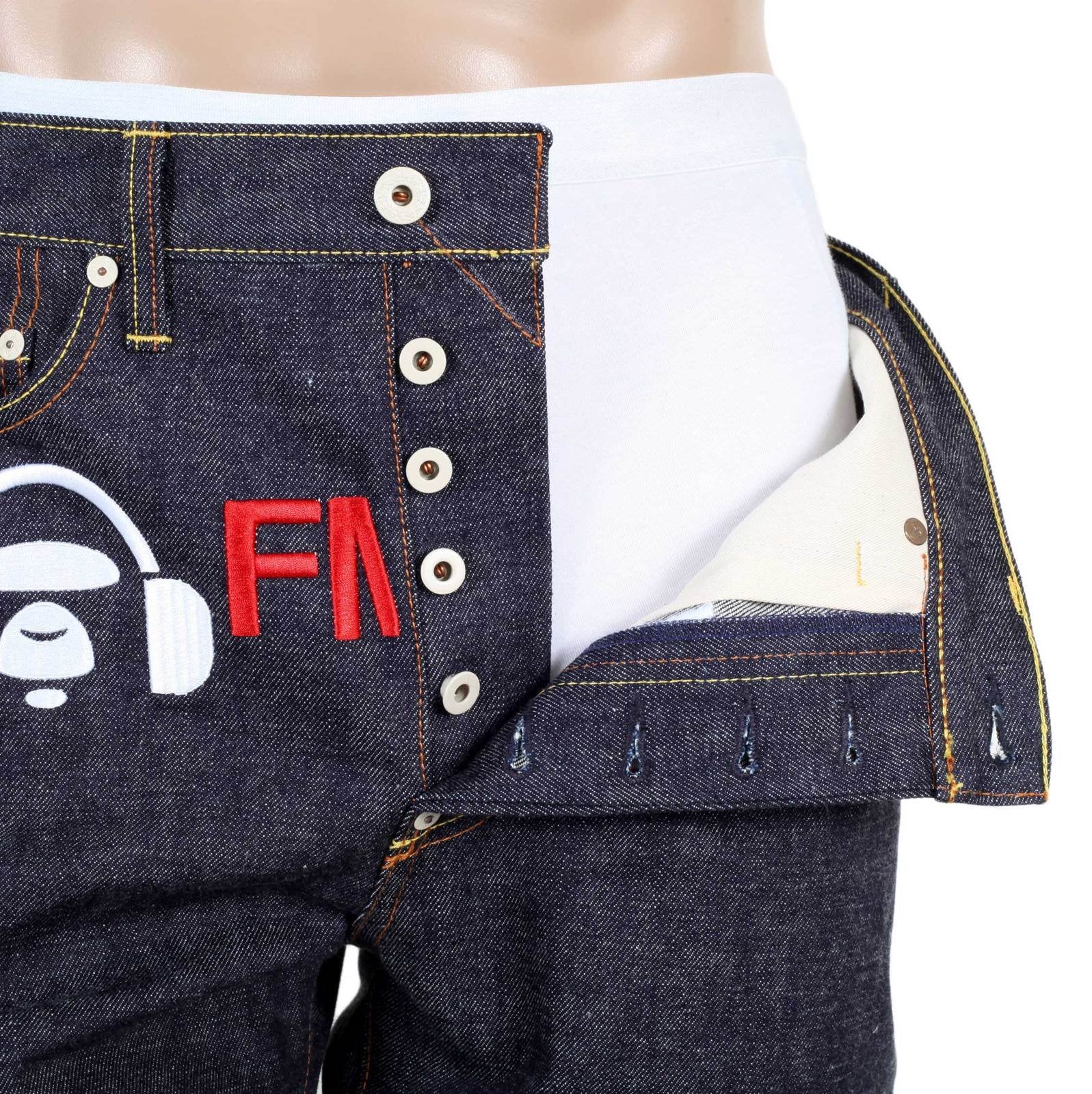 RMC FM UNION 1001 MODEL MENS SELVEDGE DENIM JEANS WITH WHITE EMBROIDERY 4A FM UNION RMC1925