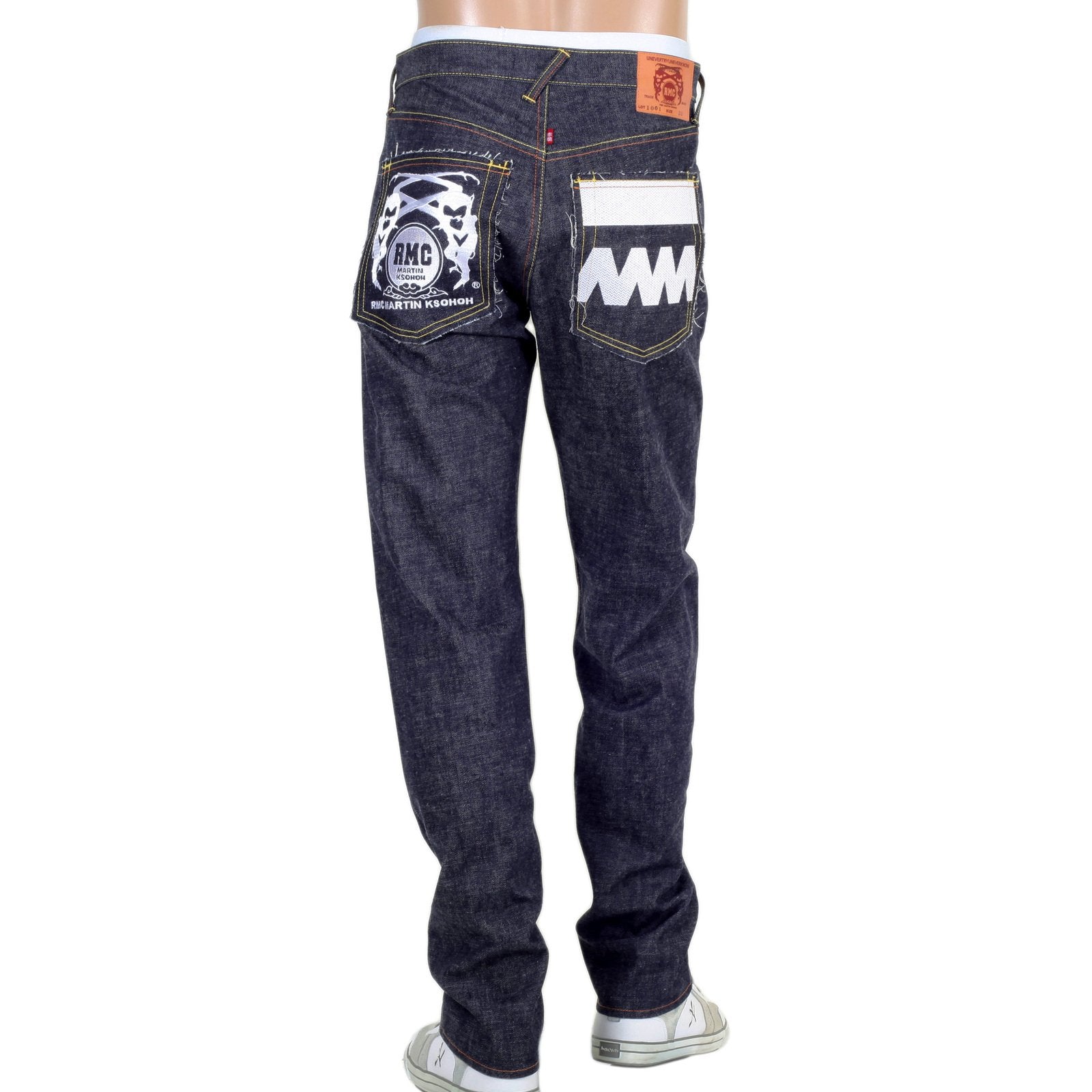 RMC FM UNION 1001 MODEL MENS SELVEDGE DENIM JEANS WITH WHITE EMBROIDERY 4A FM UNION RMC1925