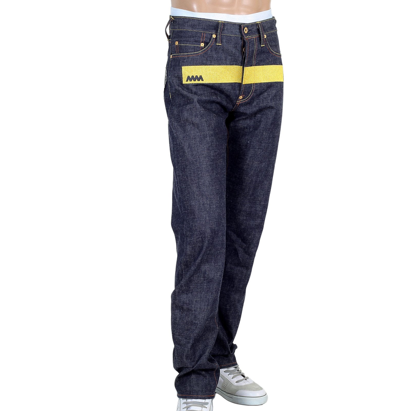 RMC MARTIN KSOHOH MENS INDIGO JAPANESE SELVEDGE RAW DENIM JEANS WITH CUT OUT 4A BAND OF GOLD EMBROIDERY RMC1929