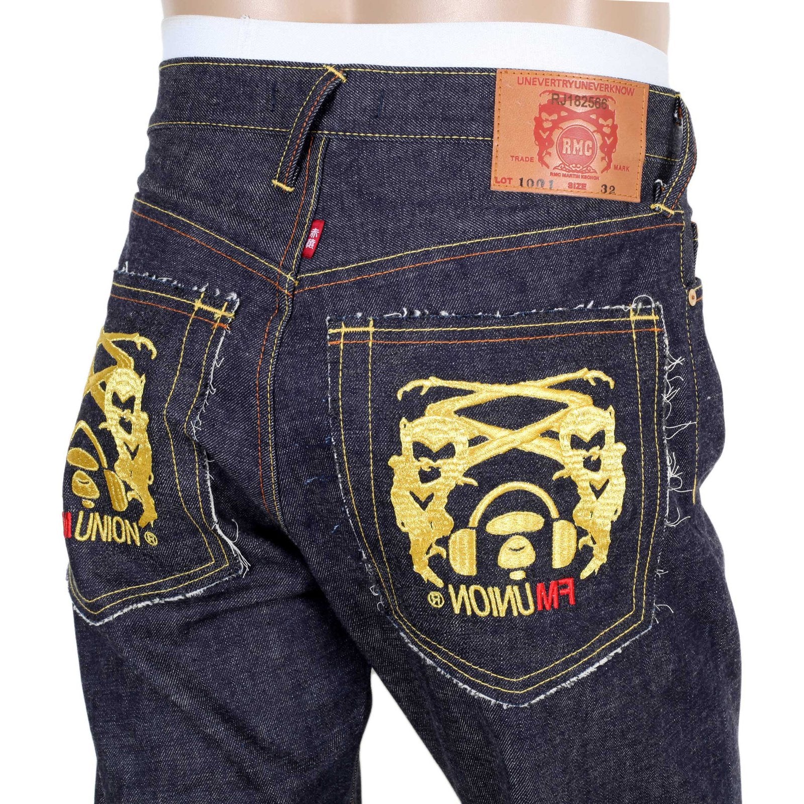 RMC MARTIN KSOHOH MENS INDIGO JAPANESE SELVEDGE RAW DENIM JEANS WITH CUT OUT 4A BAND OF GOLD EMBROIDERY RMC1929