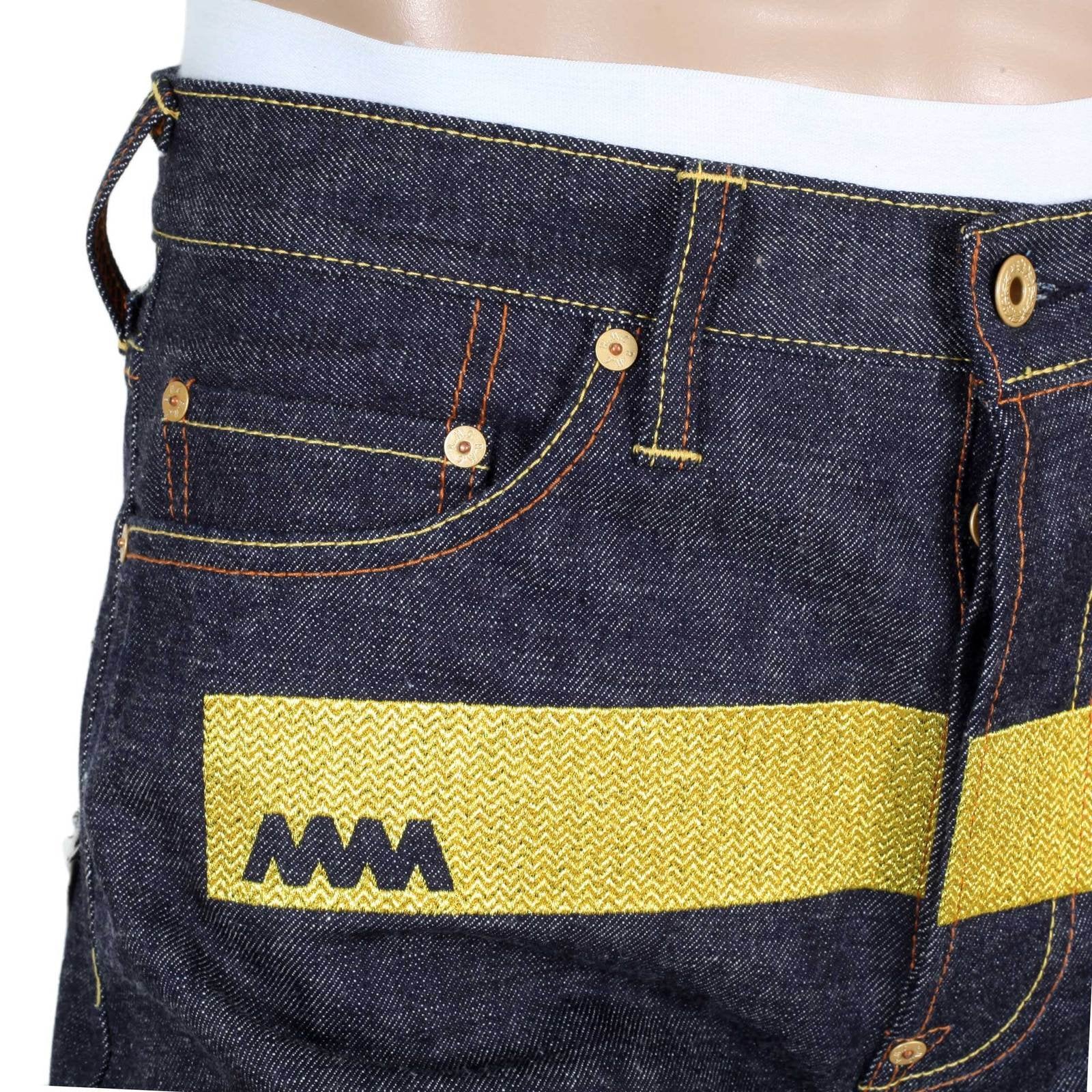 RMC MARTIN KSOHOH MENS INDIGO JAPANESE SELVEDGE RAW DENIM JEANS WITH CUT OUT 4A BAND OF GOLD EMBROIDERY RMC1929