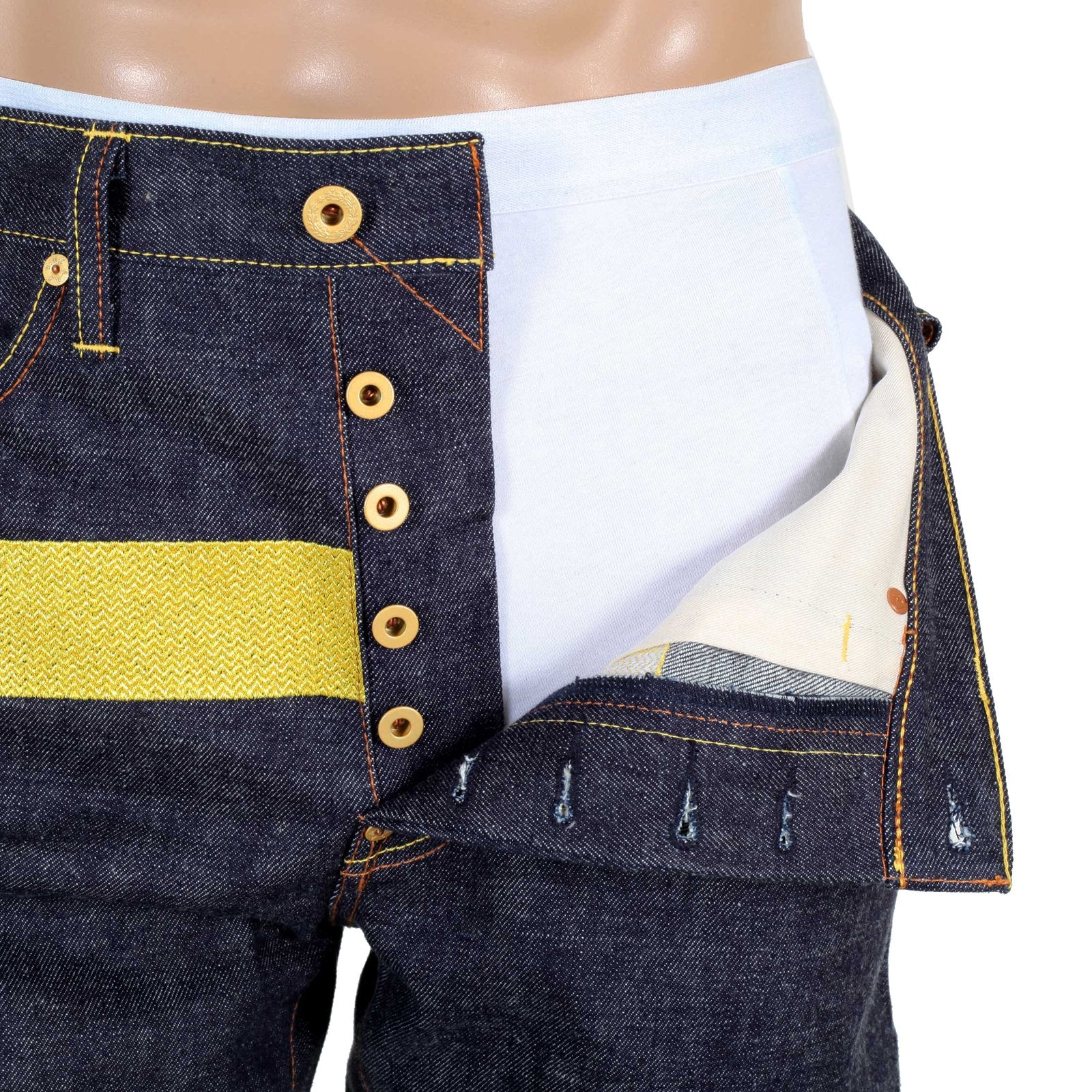 RMC MARTIN KSOHOH MENS INDIGO JAPANESE SELVEDGE RAW DENIM JEANS WITH CUT OUT 4A BAND OF GOLD EMBROIDERY RMC1929