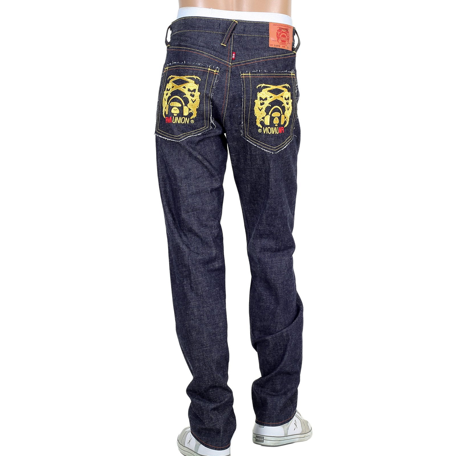 RMC MARTIN KSOHOH MENS INDIGO JAPANESE SELVEDGE RAW DENIM JEANS WITH CUT OUT 4A BAND OF GOLD EMBROIDERY RMC1929