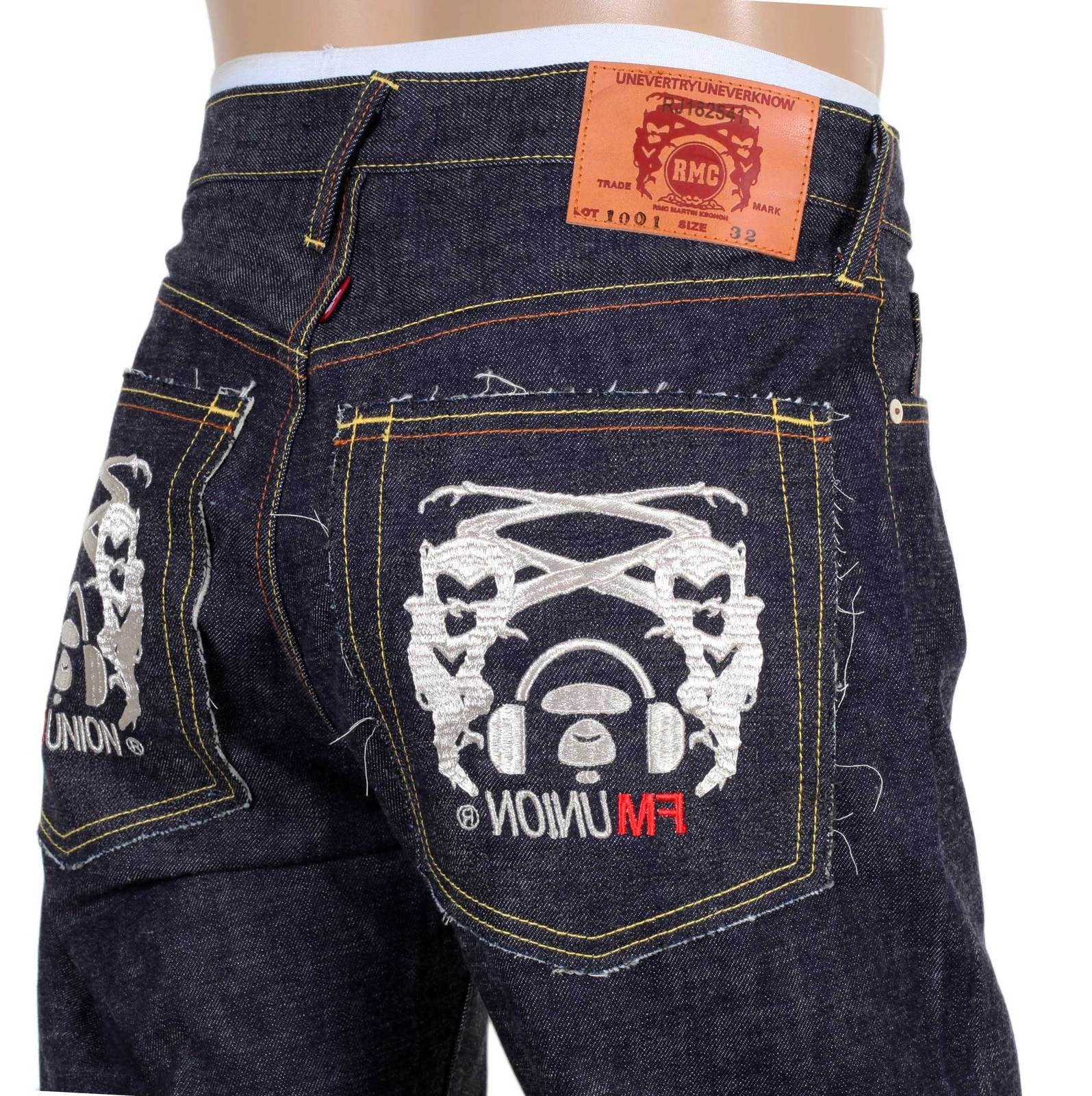 RMC JEANS MENS JAPANESE 1001 MODEL SELVEDGE DENIM JEANS WITH SILVER 4A BAND EMBROIDERED RMC1930