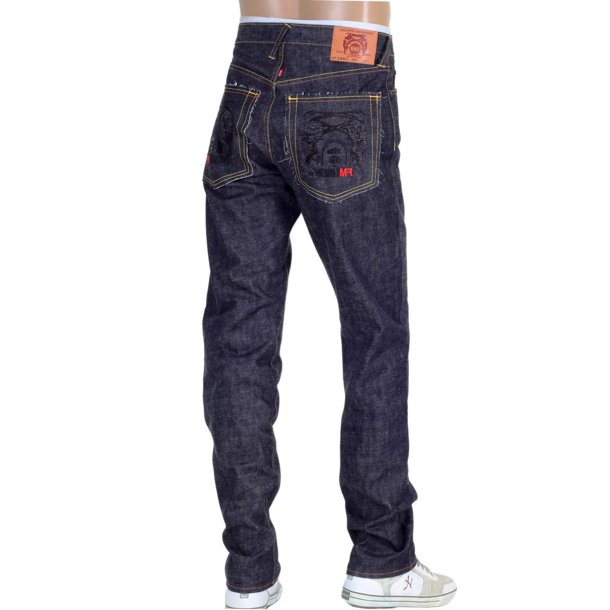 RMC 4A BAND BLACK EMBROIDERED FM UNION 1001 RAW SELVEDGE INDIGO DENIM JEANS RMC1931