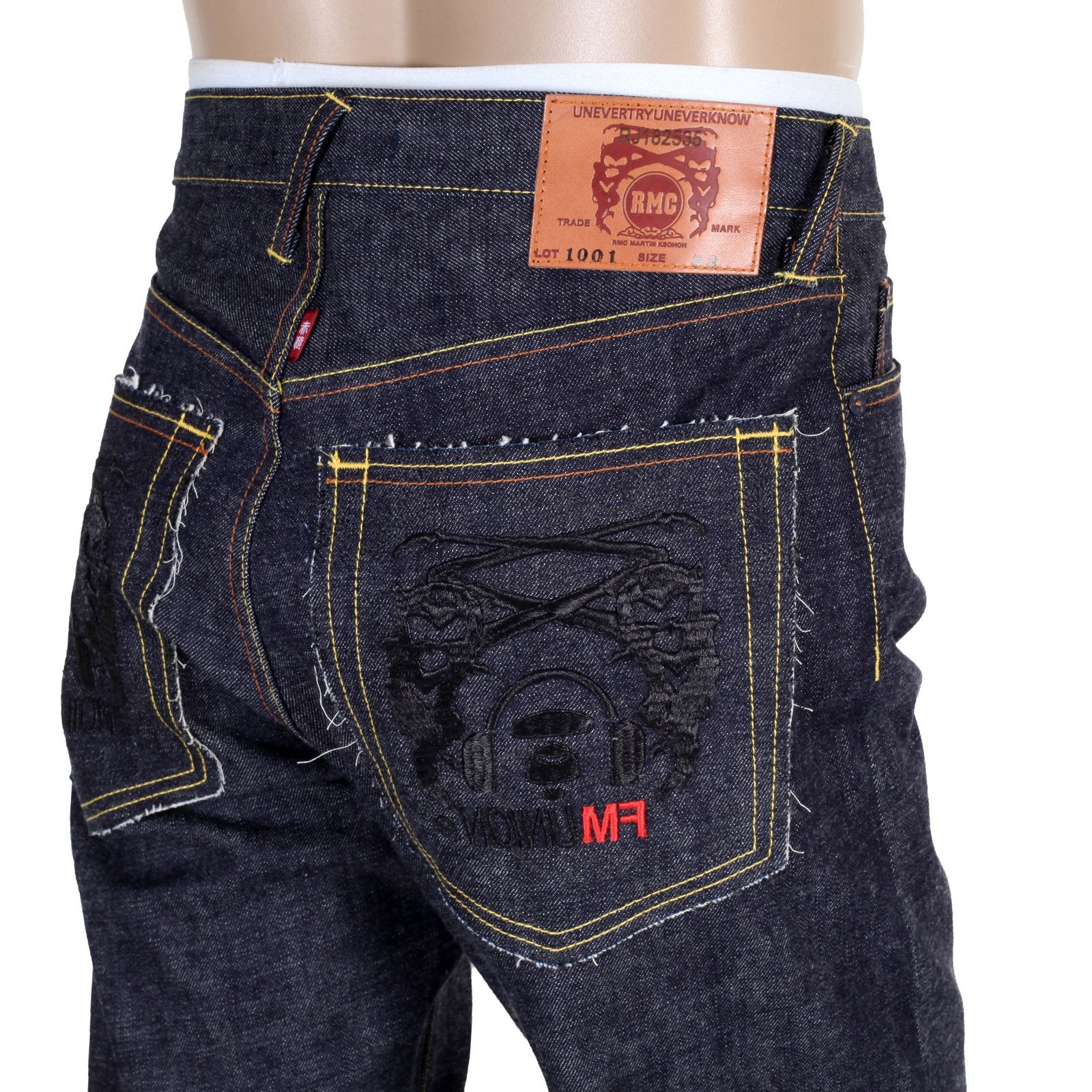 RMC 4A BAND BLACK EMBROIDERED FM UNION 1001 RAW SELVEDGE INDIGO DENIM JEANS RMC1931