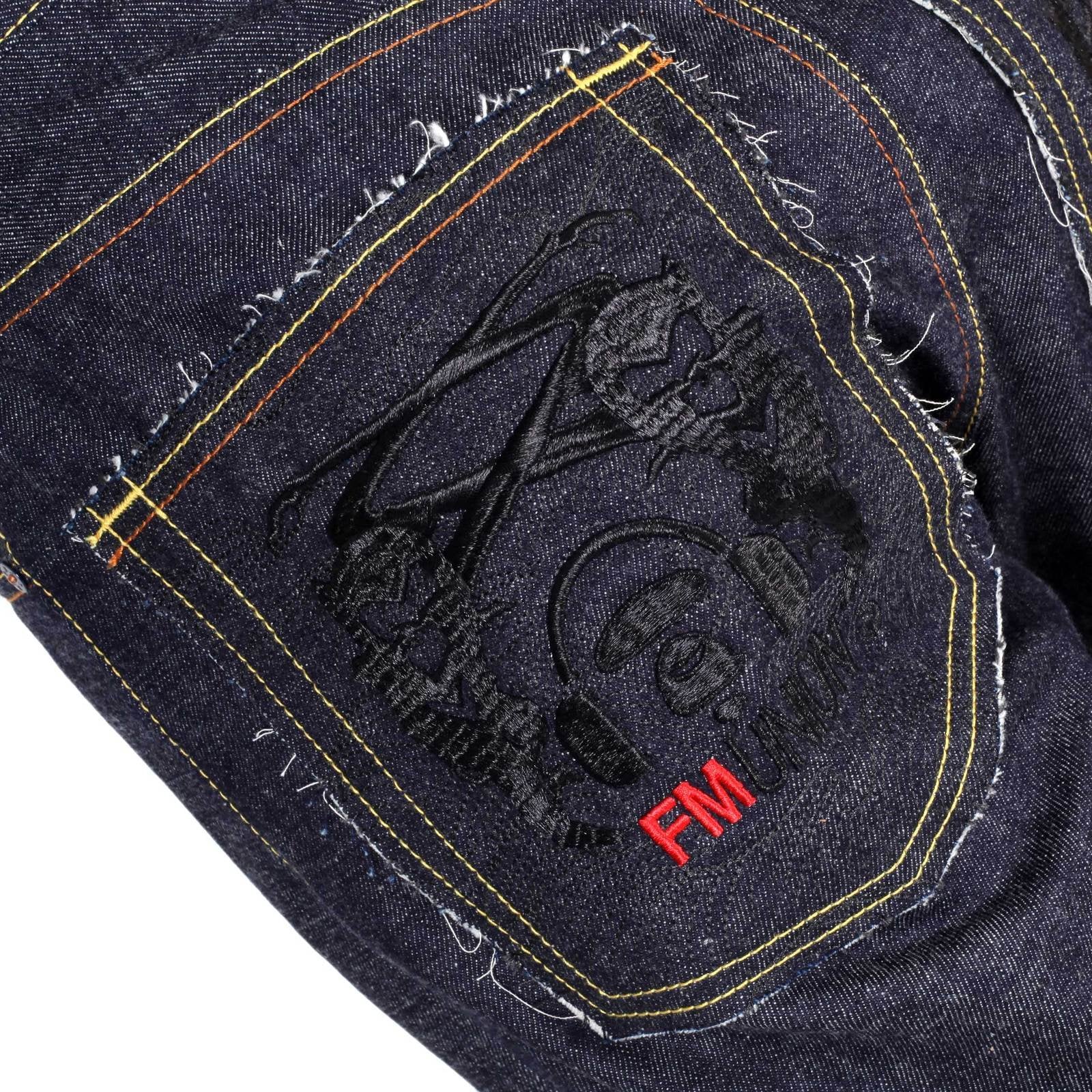 RMC 4A BAND BLACK EMBROIDERED FM UNION 1001 RAW SELVEDGE INDIGO DENIM JEANS RMC1931