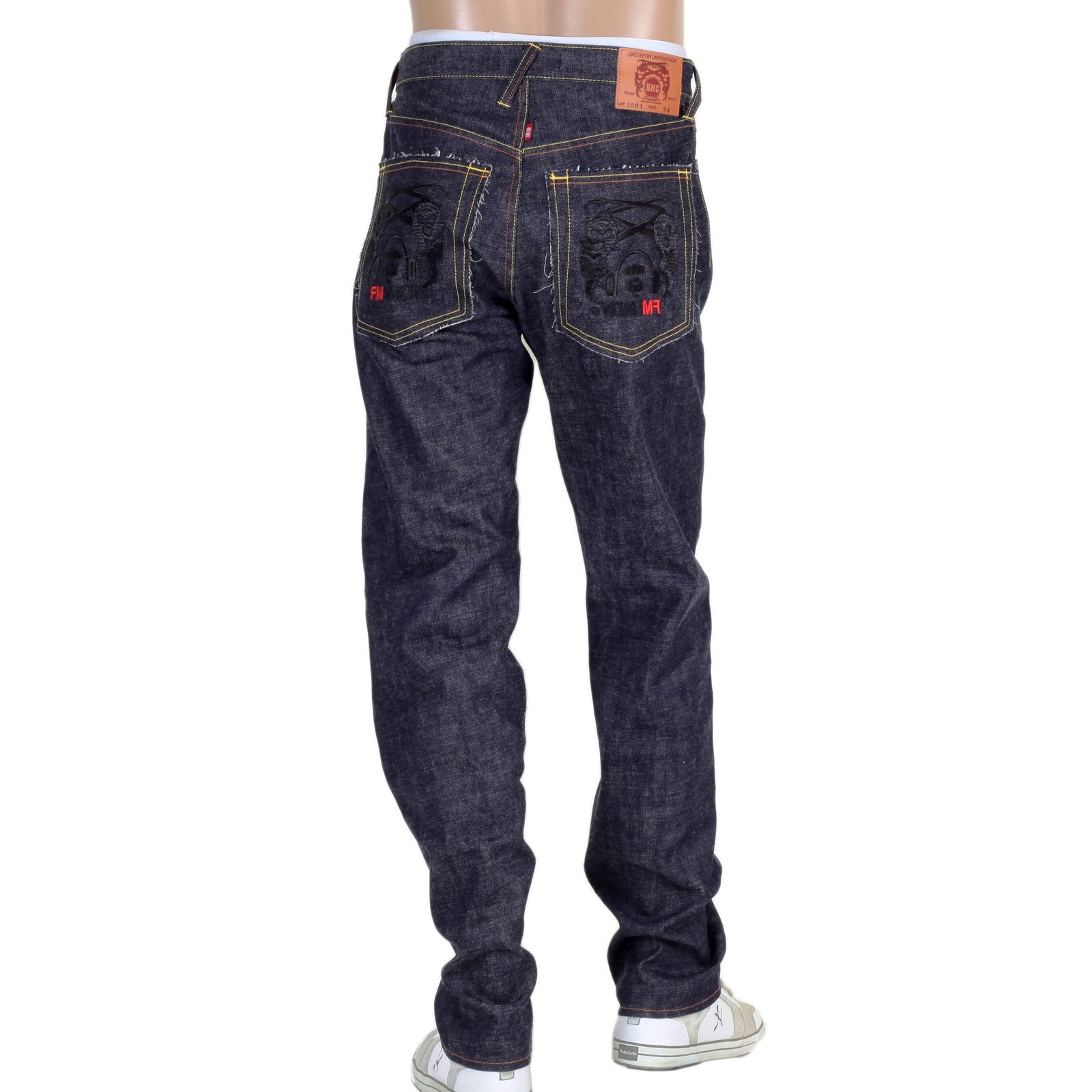 RMC 4A BAND BLACK EMBROIDERED FM UNION 1001 RAW SELVEDGE INDIGO DENIM JEANS RMC1931