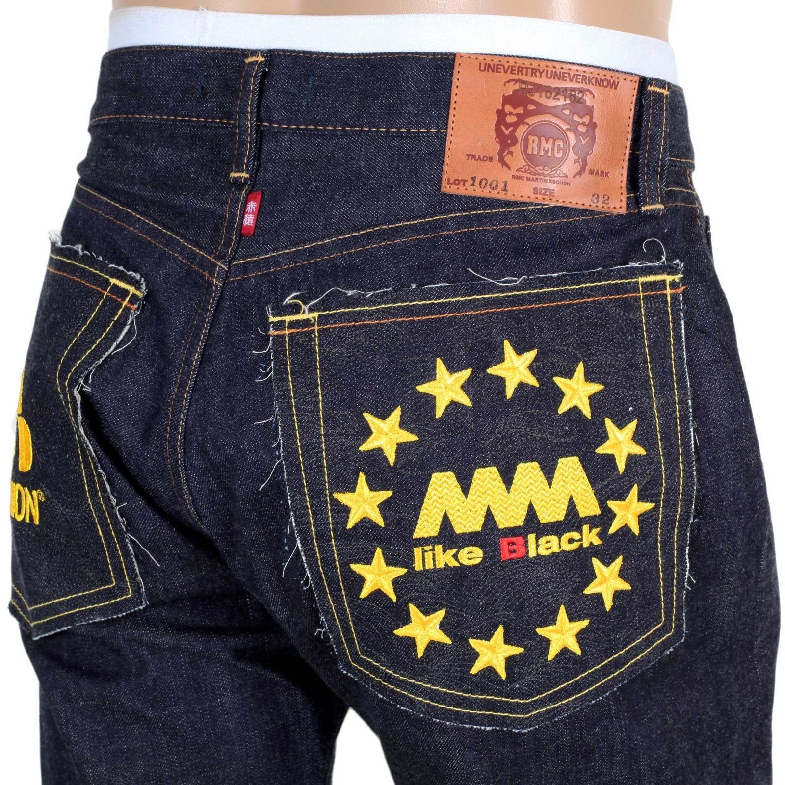 RMC INDIGO RAW SELVEDGE 1001 SLIM CUT GOLD EMBROIDERED 4A FM UNION JEANS BY MARTIN KSOHOH RMC1933