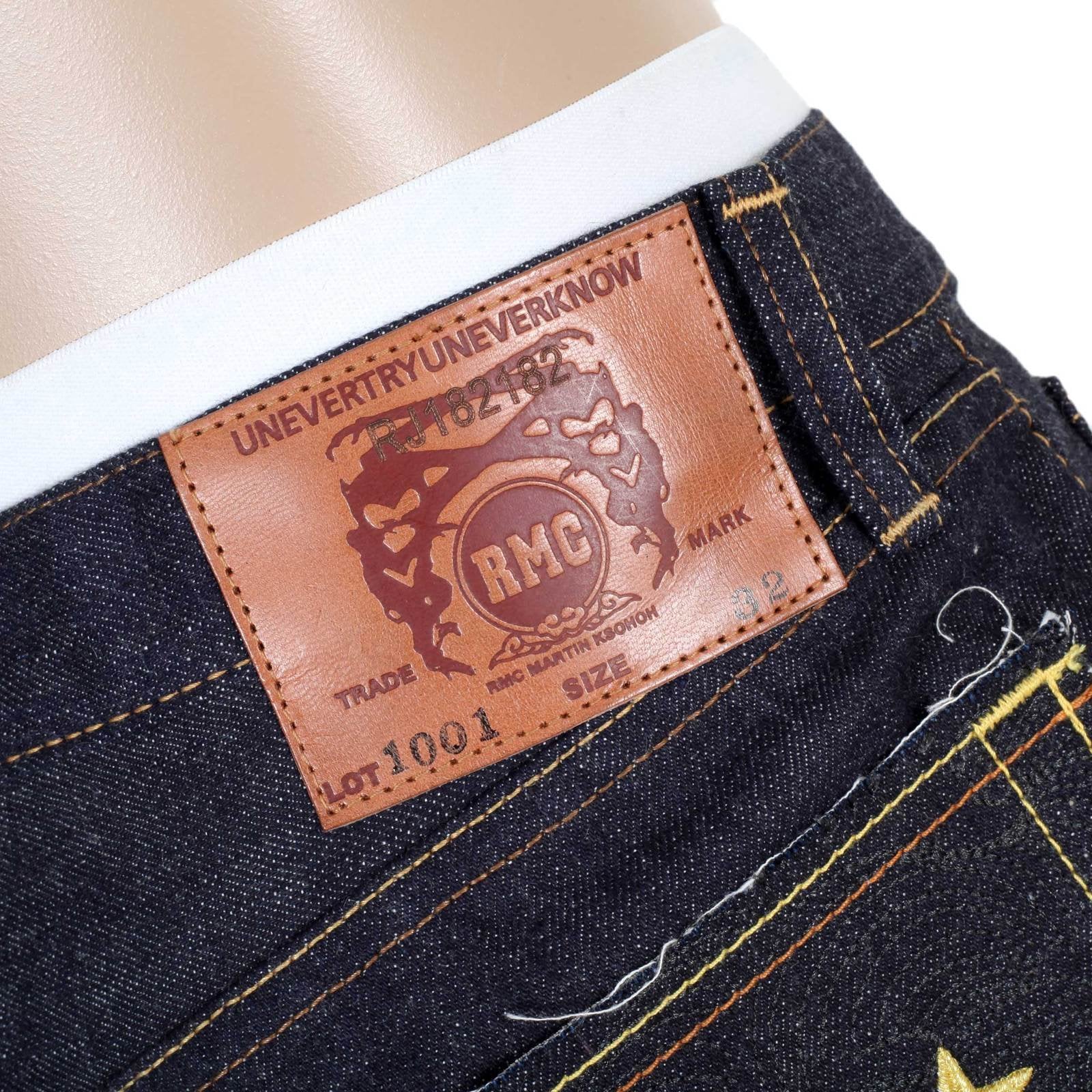RMC INDIGO RAW SELVEDGE 1001 SLIM CUT GOLD EMBROIDERED 4A FM UNION JEANS BY MARTIN KSOHOH RMC1933