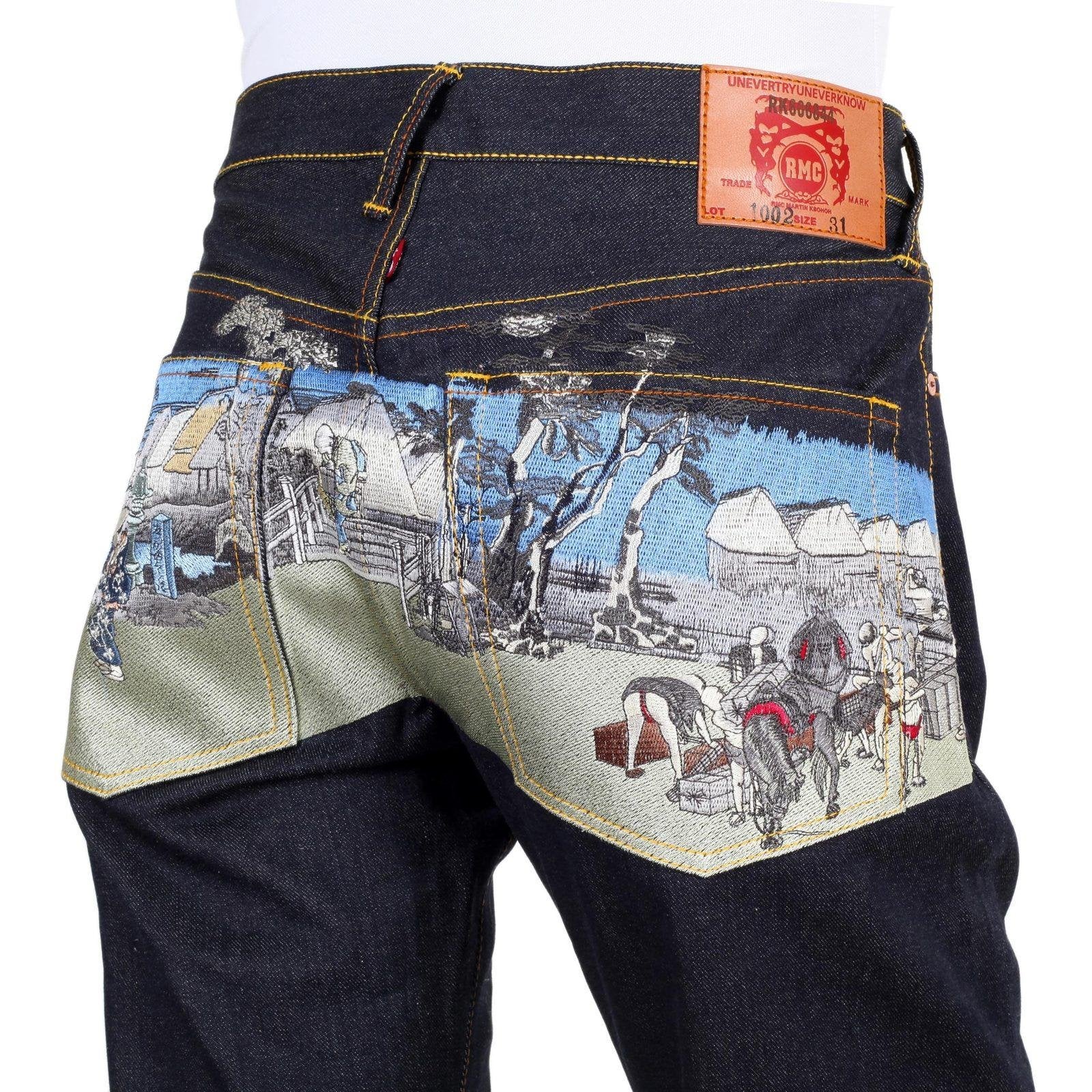 RMC JEANS DARK INDIGO LIMITED PRODUCTION TOYO STORY STAGE EMBROIDERED RAW VINTAGE SELVEDGE JEANS REDM9071A