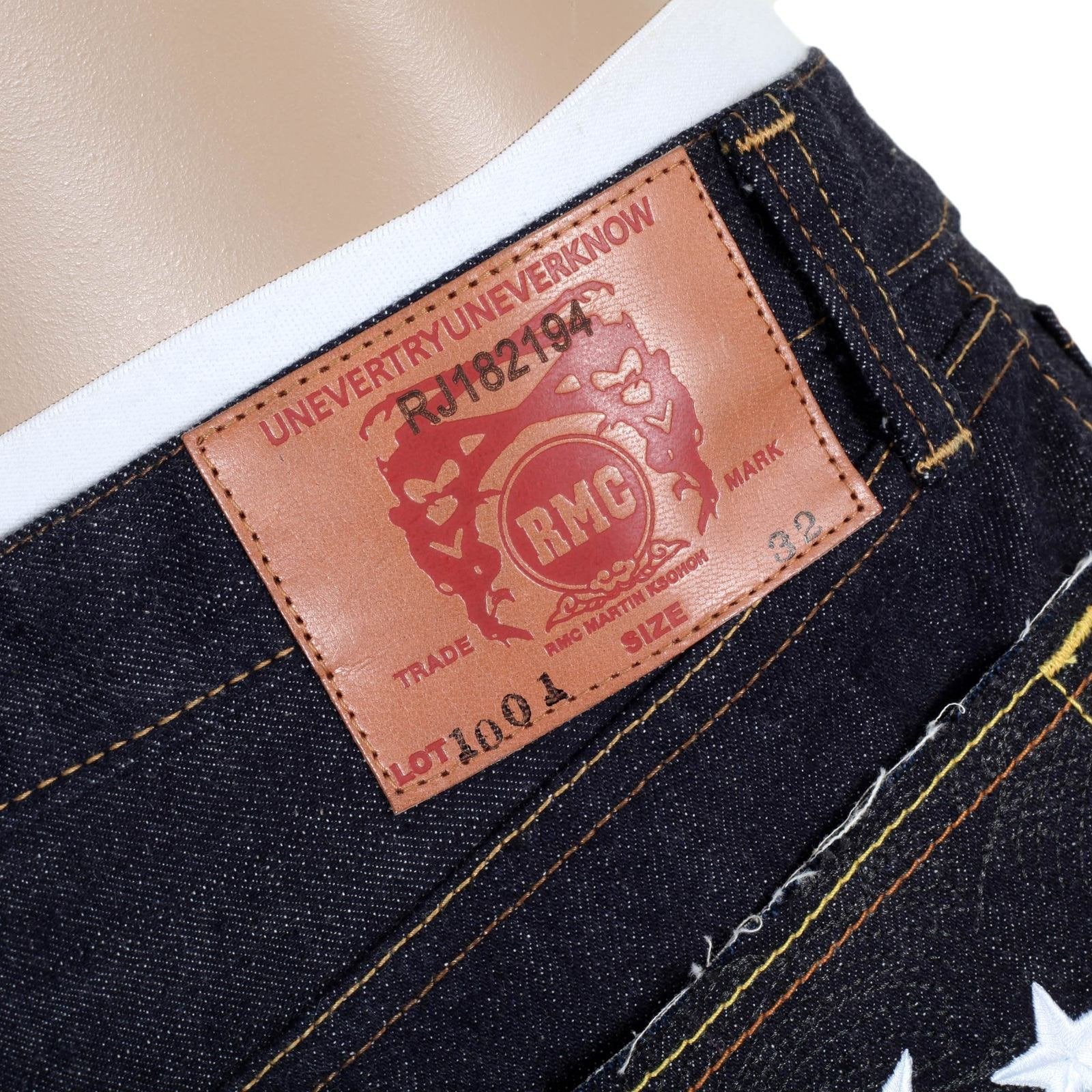 RMC MARTIN KSOHOH 4A FM UNION MODEL 1001 WHITE EMBROIDERED RAW SELVEDGE DENIM JEANS IN INDIGO RMC1938