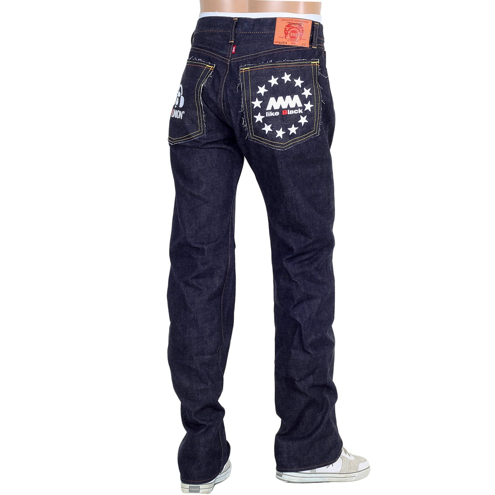 RMC MARTIN KSOHOH 4A FM UNION MODEL 1001 WHITE EMBROIDERED RAW SELVEDGE DENIM JEANS IN INDIGO RMC1938