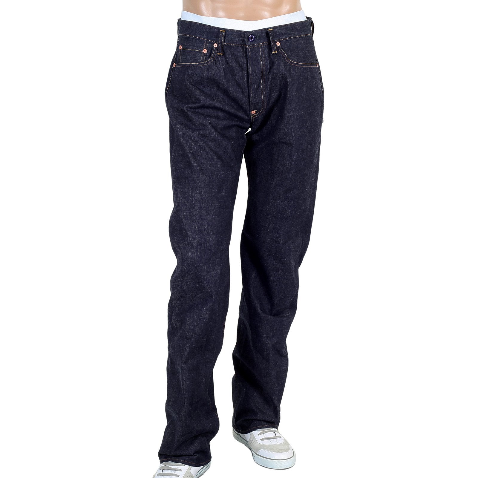 RMC MARTIN KSOHOH 4A FM UNION MODEL 1001 WHITE EMBROIDERED RAW SELVEDGE DENIM JEANS IN INDIGO RMC1938
