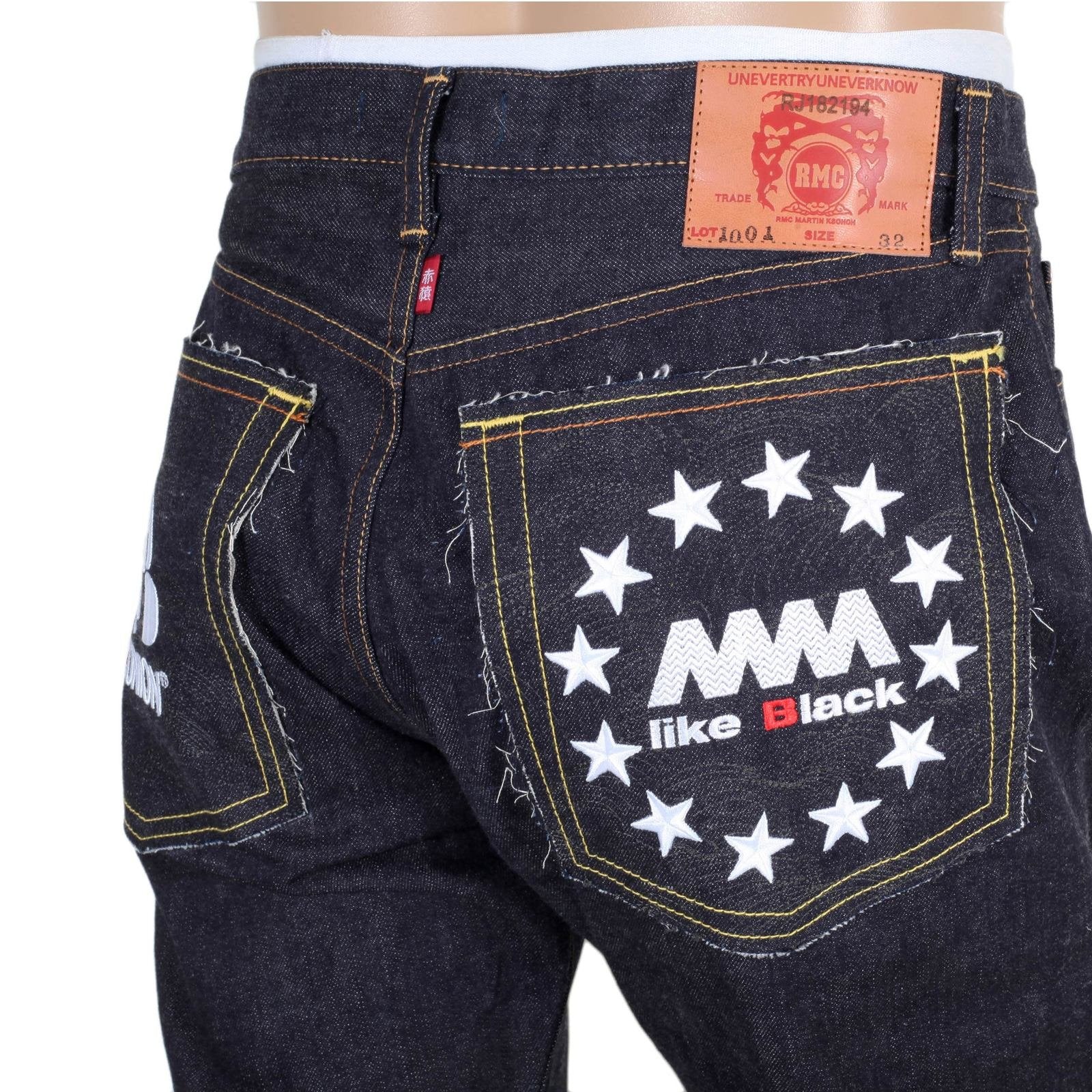 RMC MARTIN KSOHOH 4A FM UNION MODEL 1001 WHITE EMBROIDERED RAW SELVEDGE DENIM JEANS IN INDIGO RMC1938