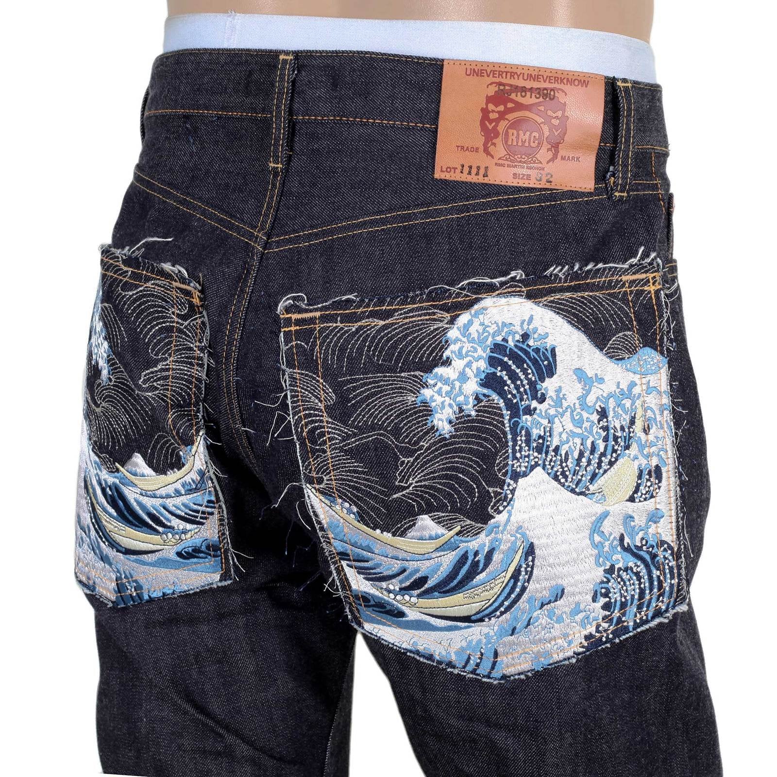 RMC MENS SLIM CUT 1111 SLIM CUT MODEL INDIGO RAW SELVEDGE DENIM JEANS WITH TOYO TSUNAMI EMBROIDERY RMC2761
