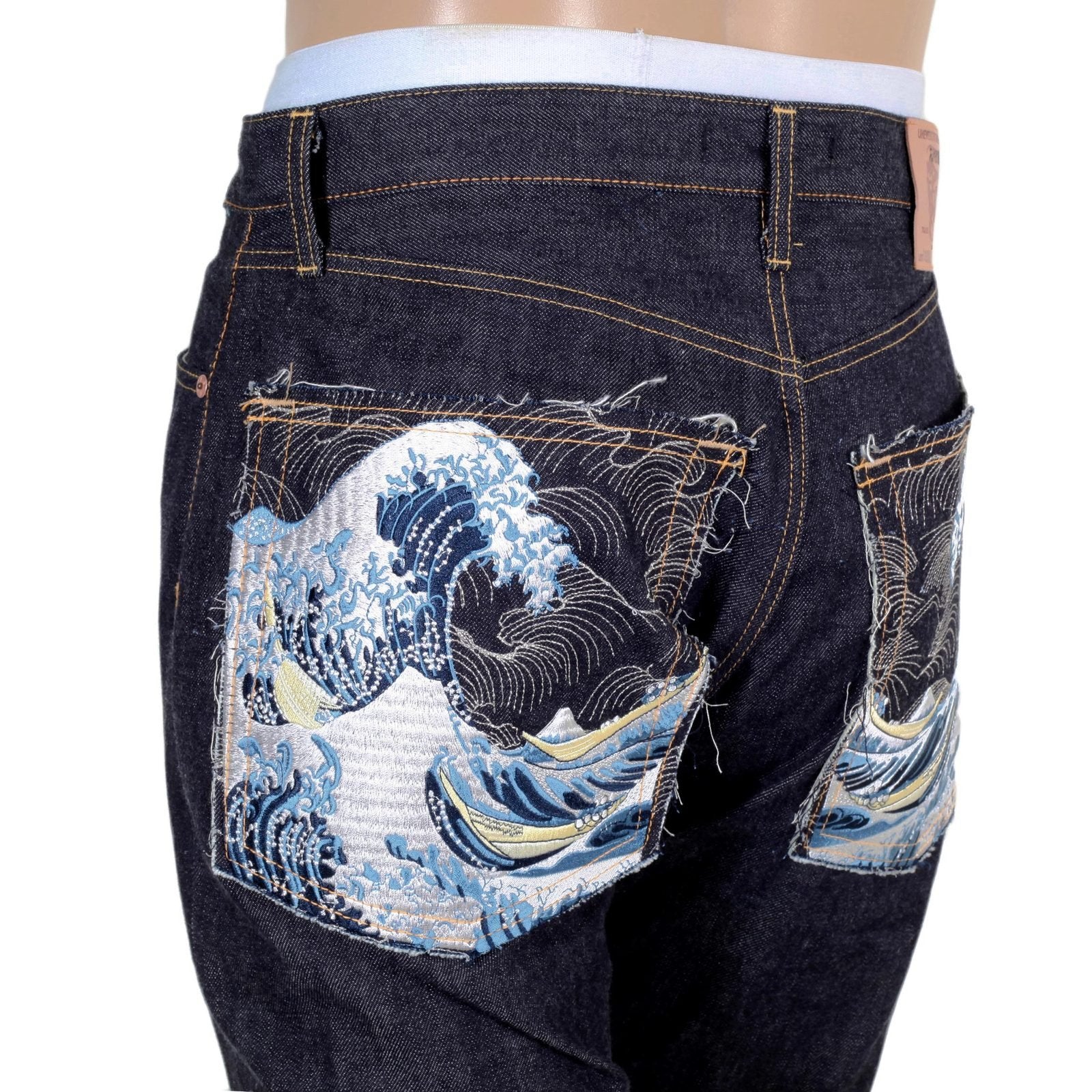 RMC MENS SLIM CUT 1111 SLIM CUT MODEL INDIGO RAW SELVEDGE DENIM JEANS WITH TOYO TSUNAMI EMBROIDERY RMC2761