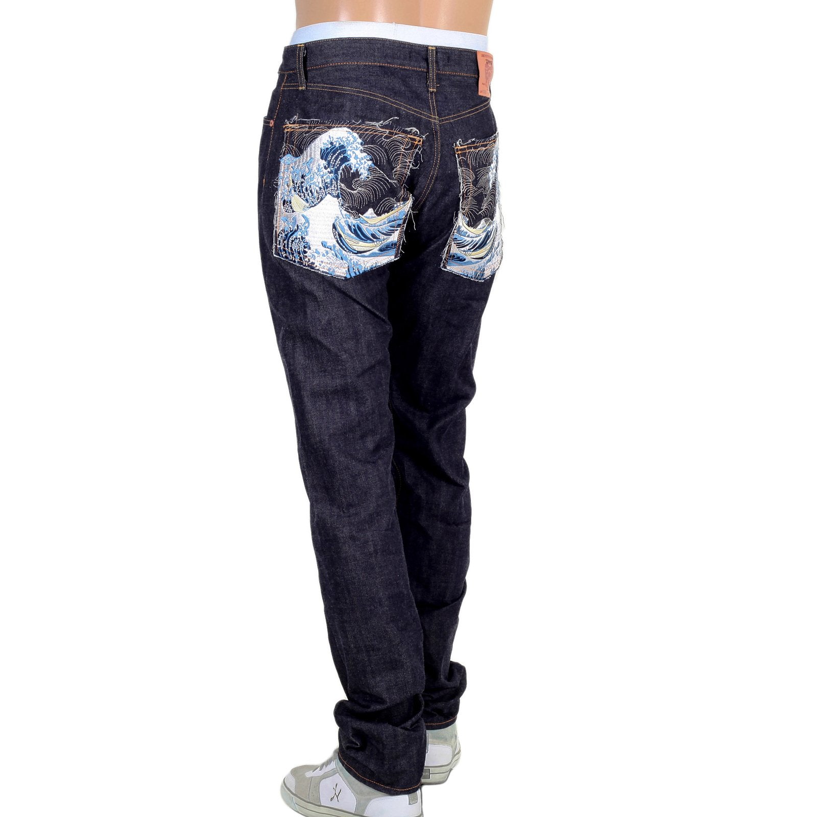 RMC MENS SLIM CUT 1111 SLIM CUT MODEL INDIGO RAW SELVEDGE DENIM JEANS WITH TOYO TSUNAMI EMBROIDERY RMC2761