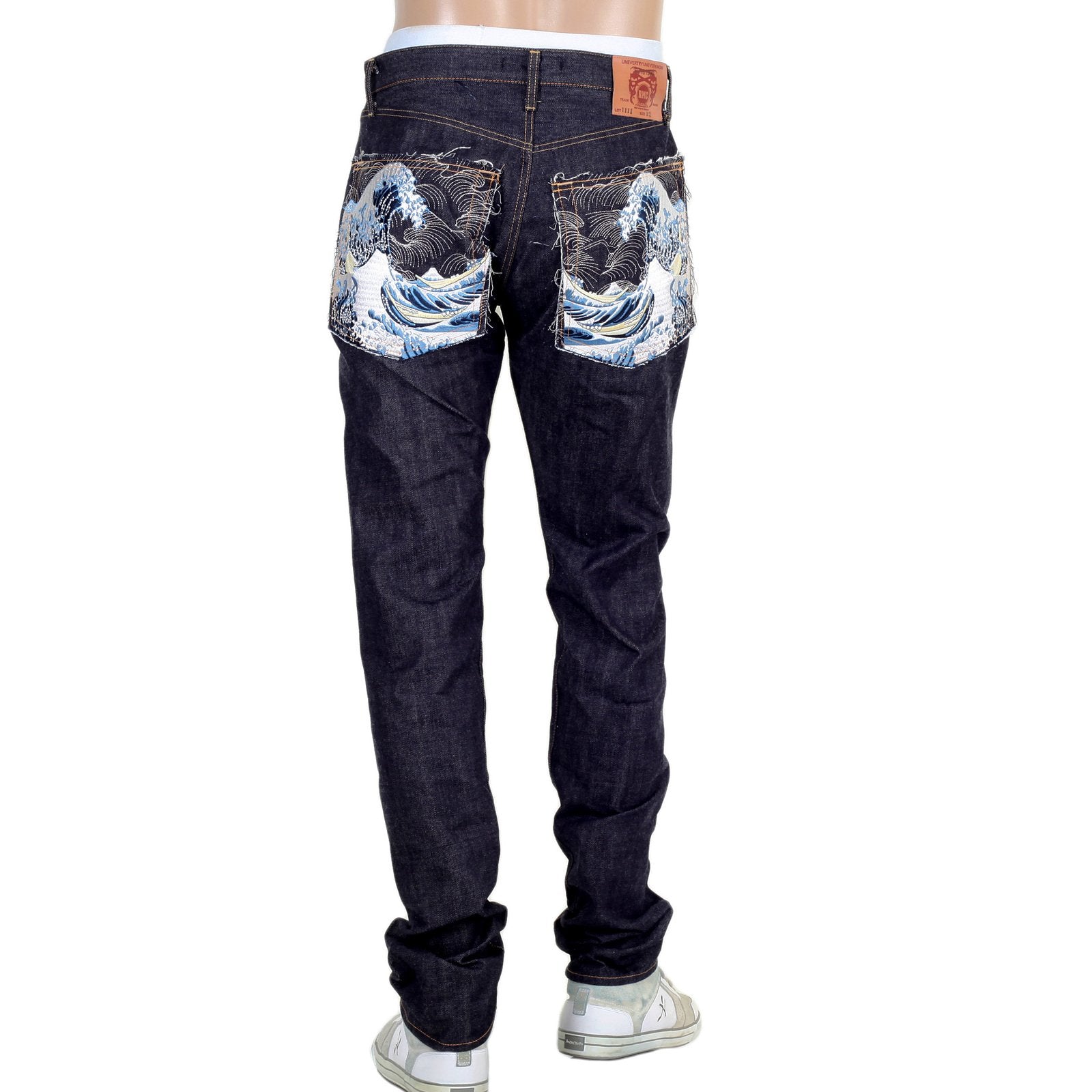 RMC MENS SLIM CUT 1111 SLIM CUT MODEL INDIGO RAW SELVEDGE DENIM JEANS WITH TOYO TSUNAMI EMBROIDERY RMC2761