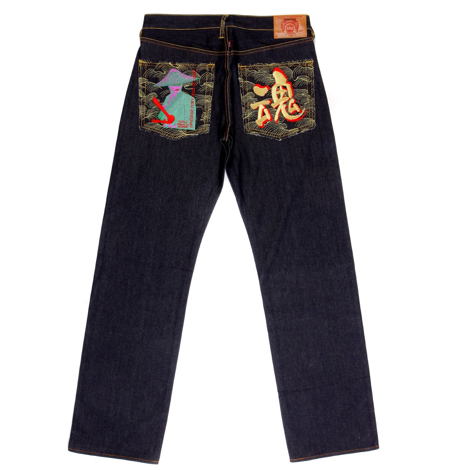 RMC JEANS VINTAGE CUT MENS SELVEDGE RAW DENIM JEANS WITH EMBROIDERY WAR IS NOT THE ANSWER ON BACK POCKETS REDM4229