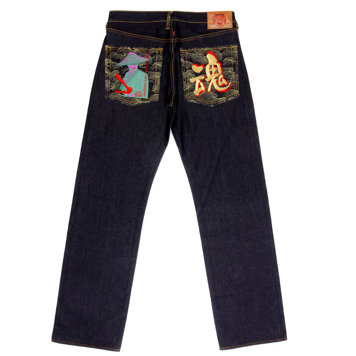 RMC JEANS VINTAGE CUT MENS SELVEDGE RAW DENIM JEANS WITH EMBROIDERY WAR IS NOT THE ANSWER ON BACK POCKETS REDM4229