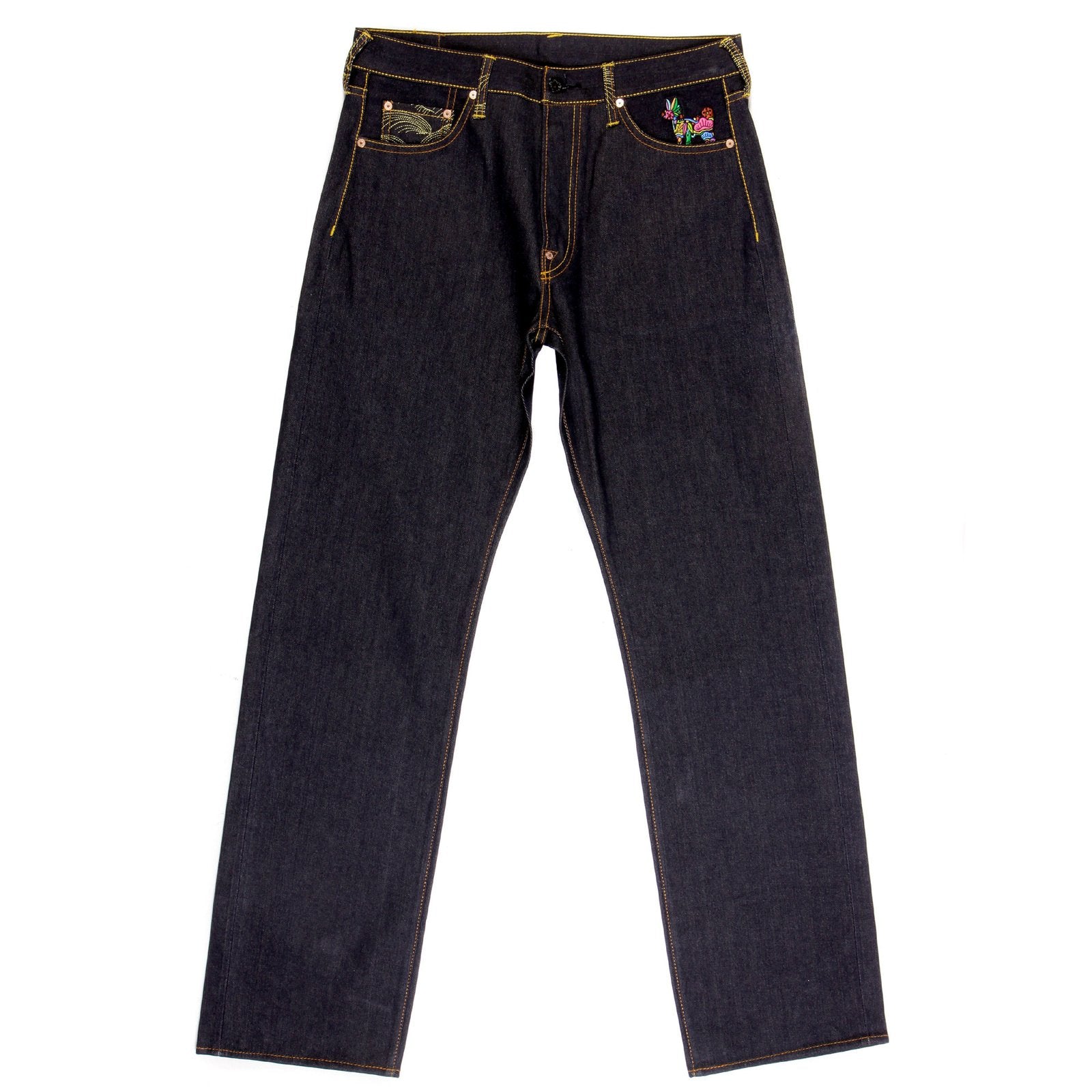 RMC JEANS VINTAGE CUT MENS SELVEDGE RAW DENIM JEANS WITH EMBROIDERY WAR IS NOT THE ANSWER ON BACK POCKETS REDM4229