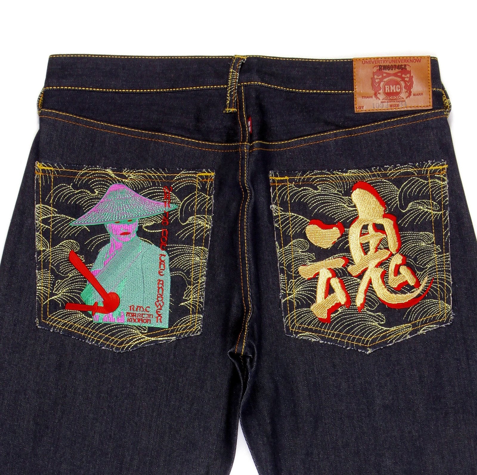 RMC JEANS VINTAGE CUT MENS SELVEDGE RAW DENIM JEANS WITH EMBROIDERY WAR IS NOT THE ANSWER ON BACK POCKETS REDM4229