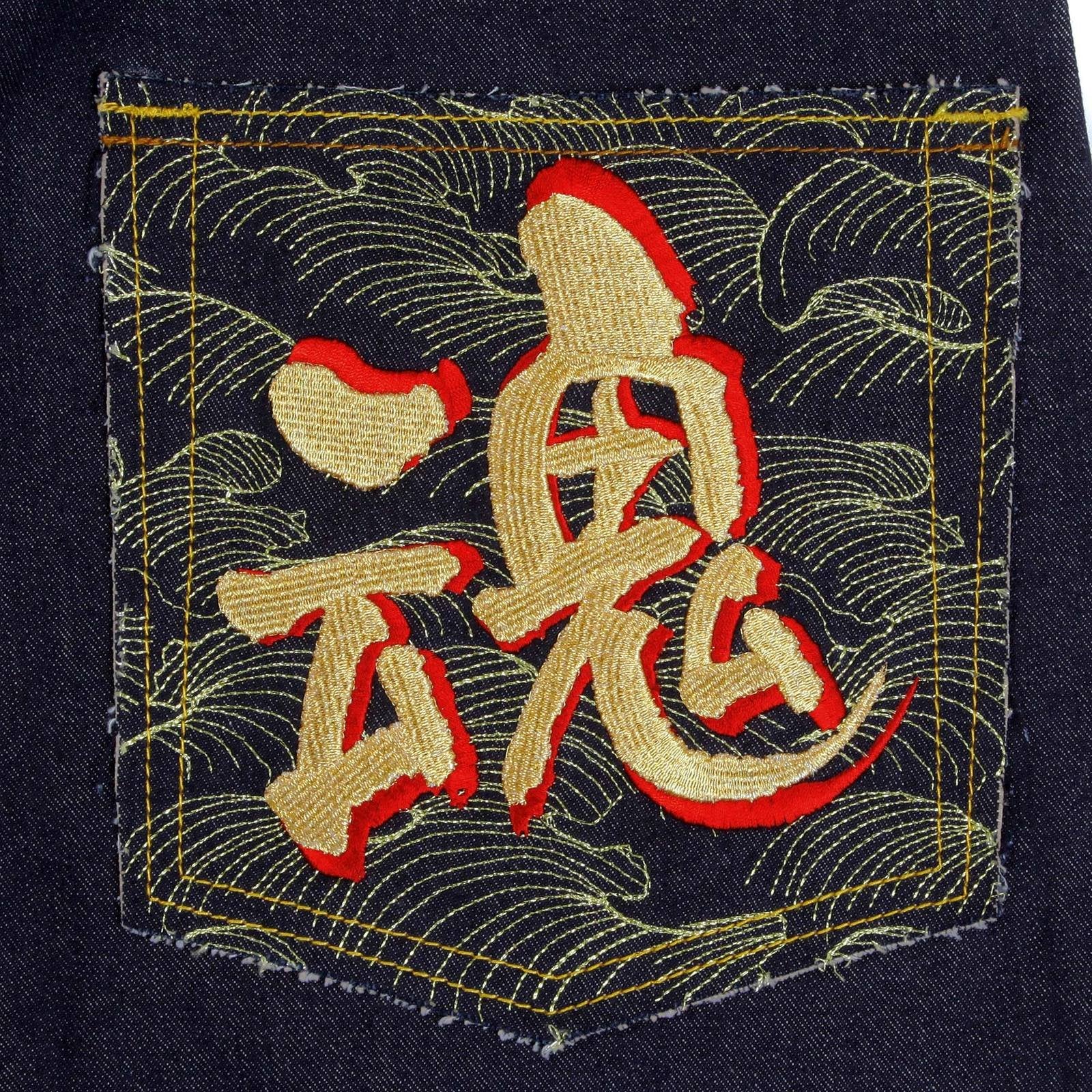 RMC JEANS VINTAGE CUT MENS SELVEDGE RAW DENIM JEANS WITH EMBROIDERY WAR IS NOT THE ANSWER ON BACK POCKETS REDM4229