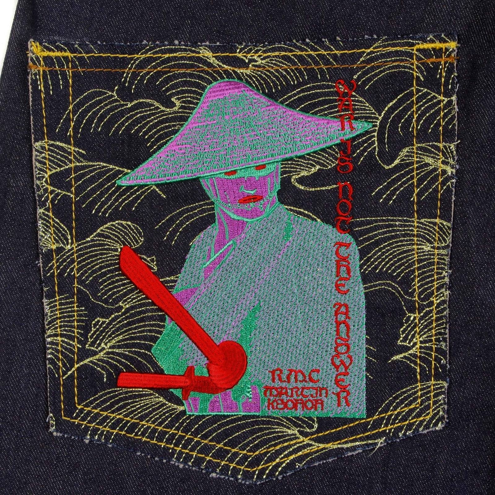 RMC JEANS VINTAGE CUT MENS SELVEDGE RAW DENIM JEANS WITH EMBROIDERY WAR IS NOT THE ANSWER ON BACK POCKETS REDM4229