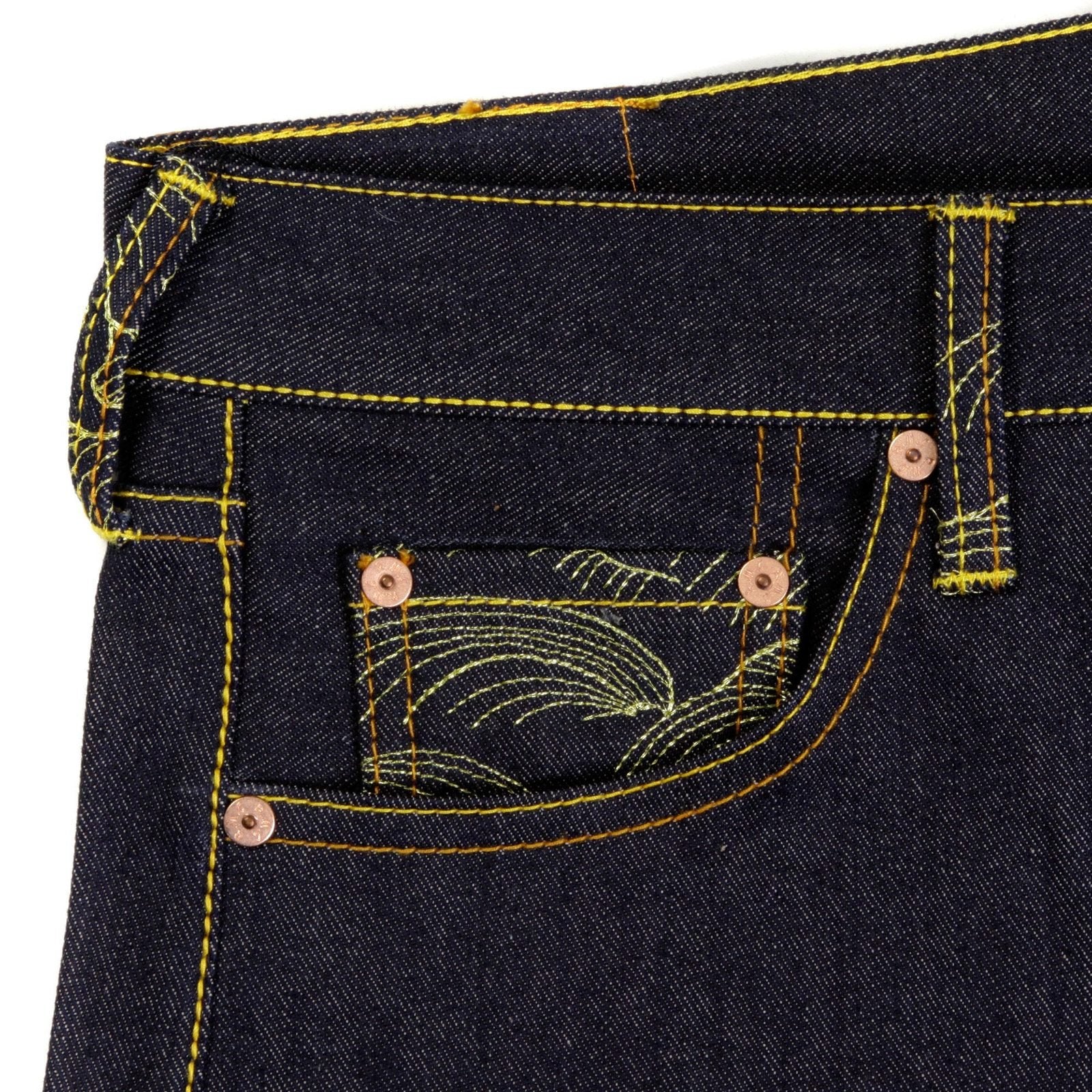 RMC JEANS VINTAGE CUT MENS SELVEDGE RAW DENIM JEANS WITH EMBROIDERY WAR IS NOT THE ANSWER ON BACK POCKETS REDM4229