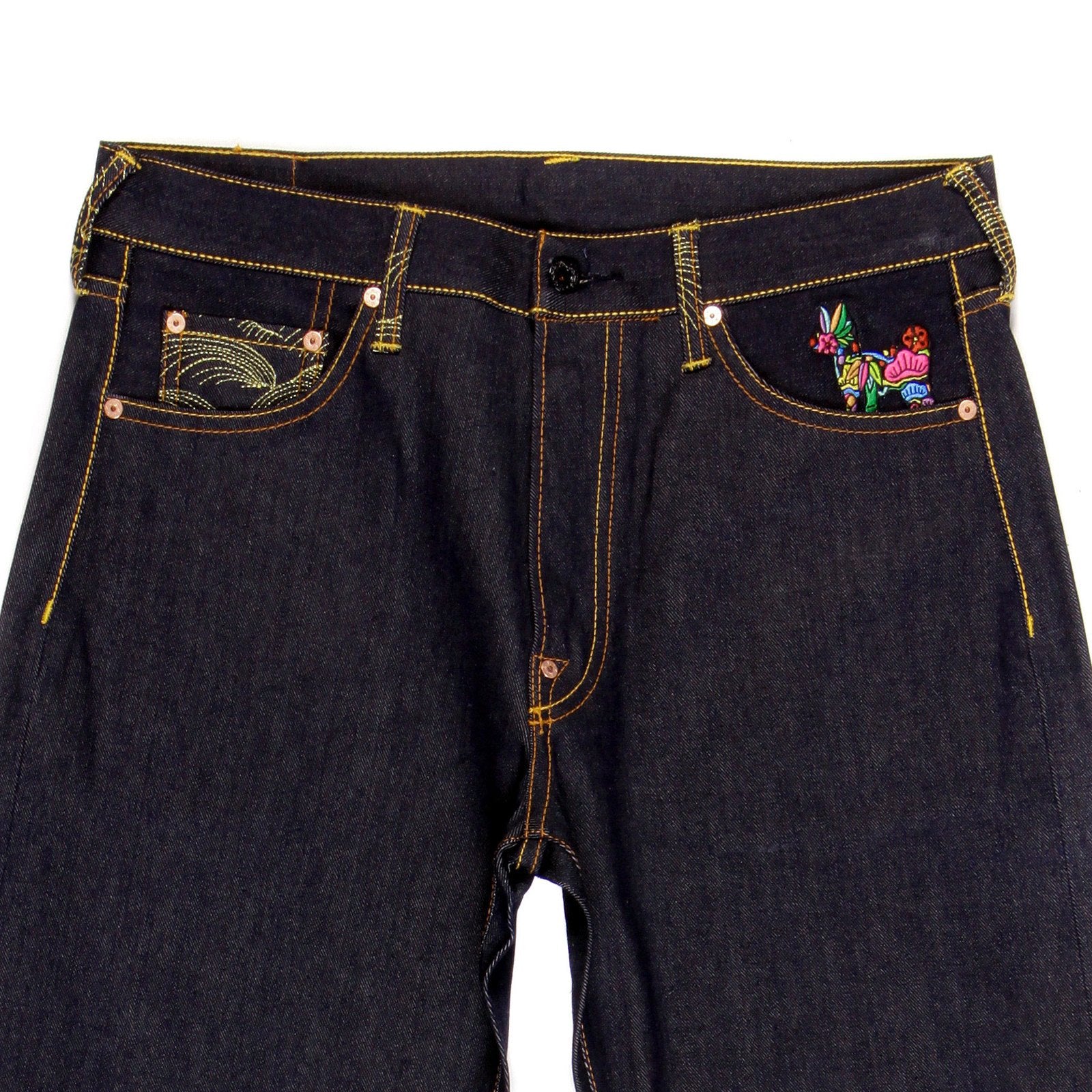 RMC JEANS VINTAGE CUT MENS SELVEDGE RAW DENIM JEANS WITH EMBROIDERY WAR IS NOT THE ANSWER ON BACK POCKETS REDM4229