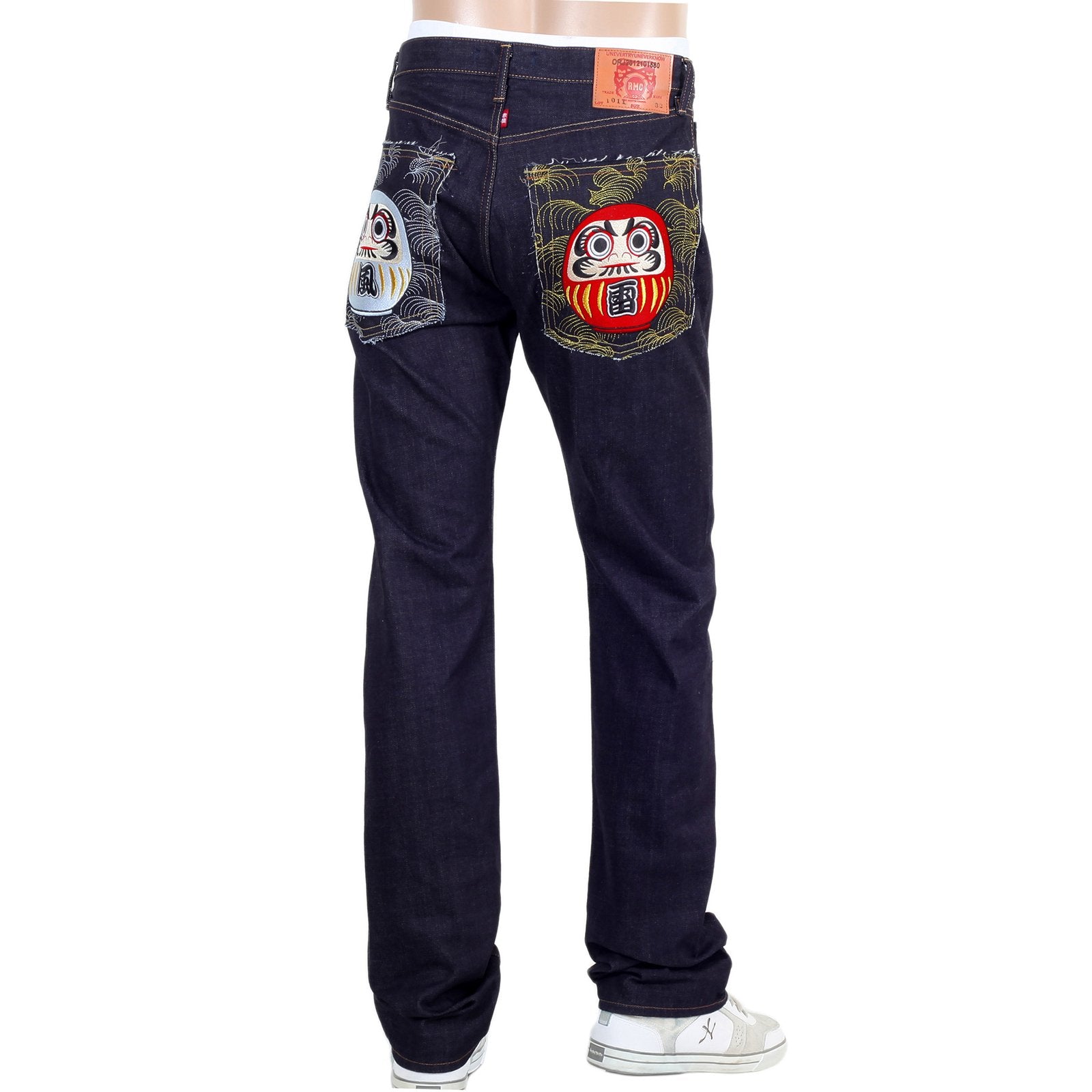 RMC JEANS MODEL 1011 UNSANFORIZED RAW SELVEDGE DENIM JEANS IN INDIGO WITH MARUDA FUJIN RAIJIN EMBROIDERY REDM4460